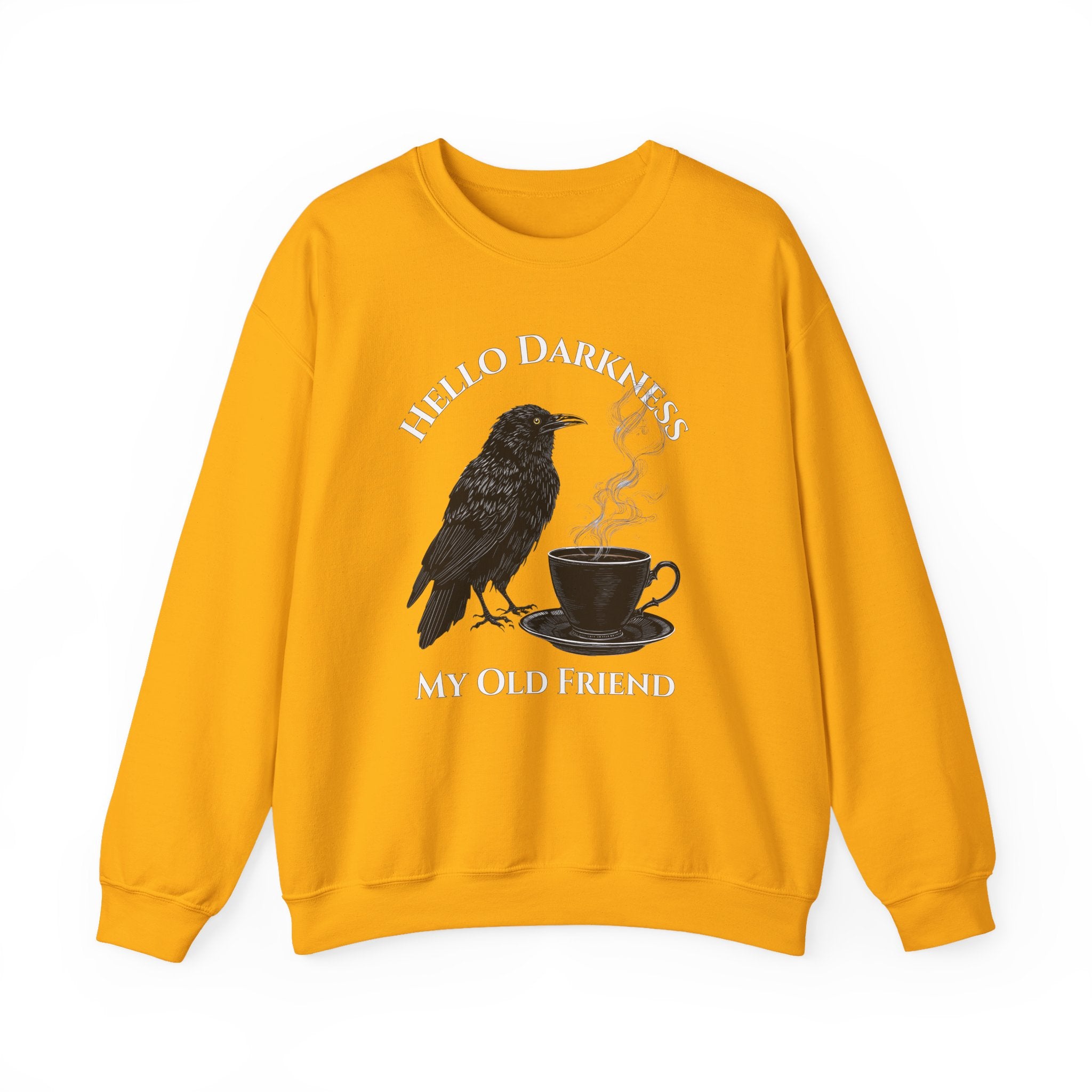 Raven Coffee Crewneck Sweatshirt — "Hello Darkness My Old Friend" Vintage Gothic Tee