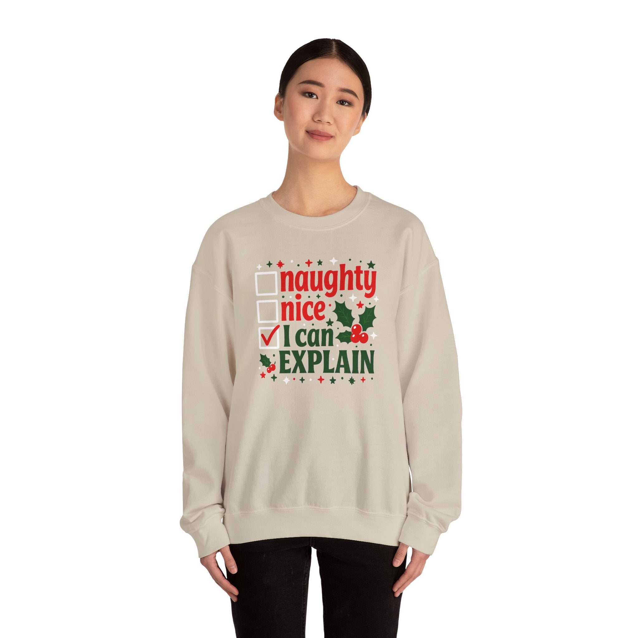 Christmas Sweatshirt – "Naughty, Nice, I Can Explain" Holiday Crewneck