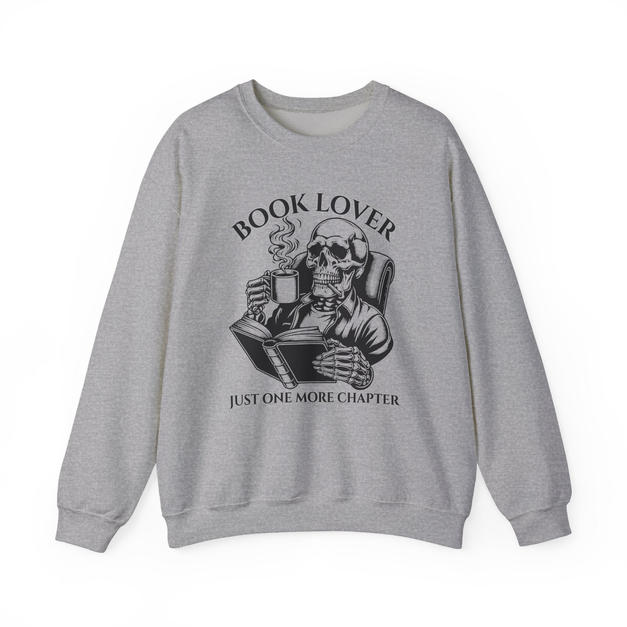 Book Lover Sweatshirt — 'Just One More Chapter' Skull Reading Crewneck