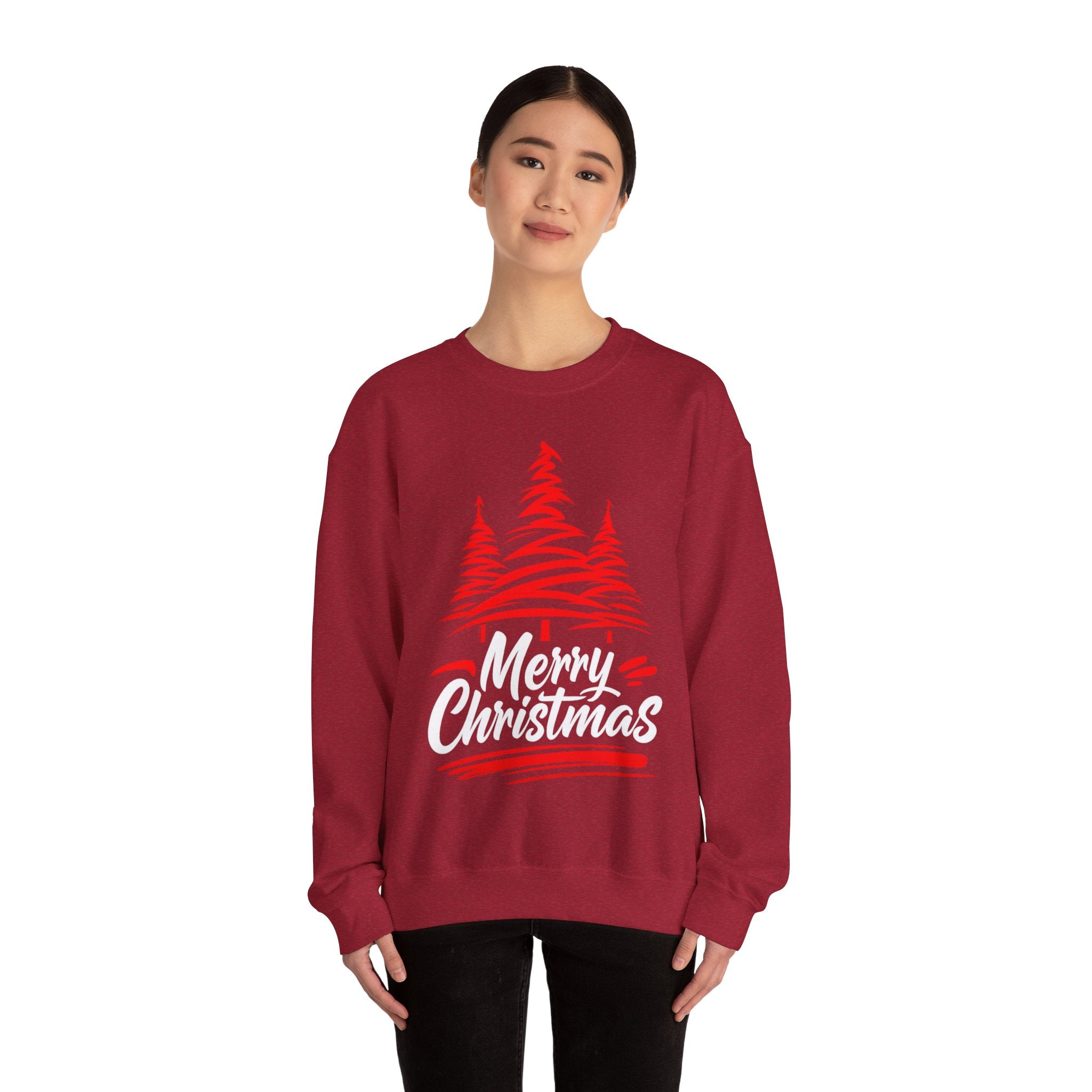 Merry Christmas Crewneck Sweatshirt — Red Tree Holiday Sweatshirt