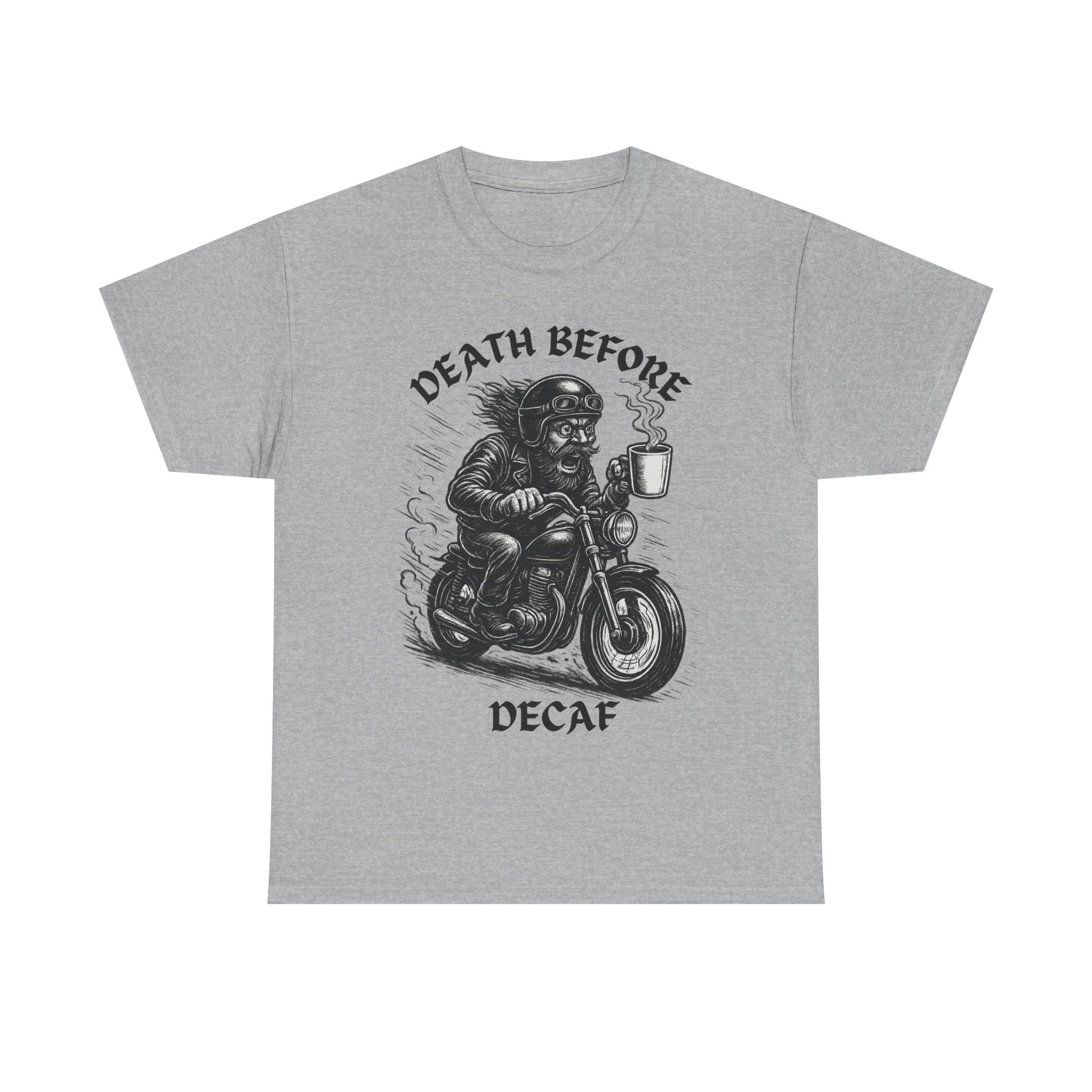 Unisex Heavy Cotton Tee - Death Before Decaf, Coffee Lover Shirt, Biker Tee, Unique Gift, Motorcycle Enthusiast Apparel