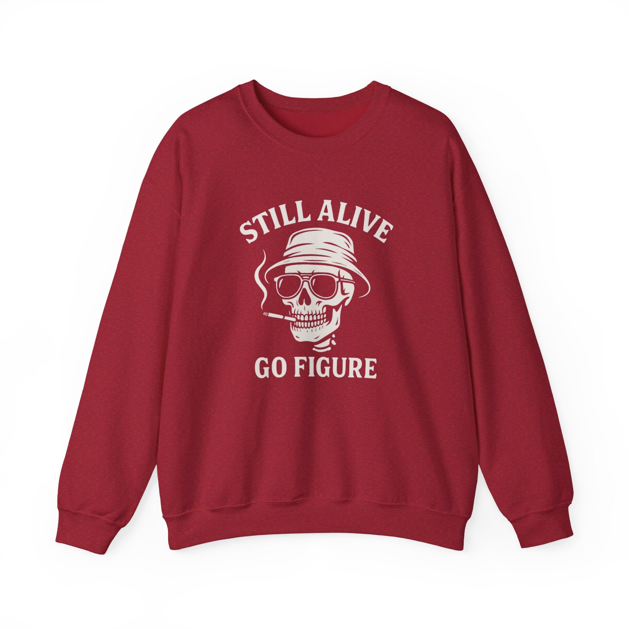 Crewneck Sweatshirt — "Still Alive Go Figure" Skull Vintage Graphic