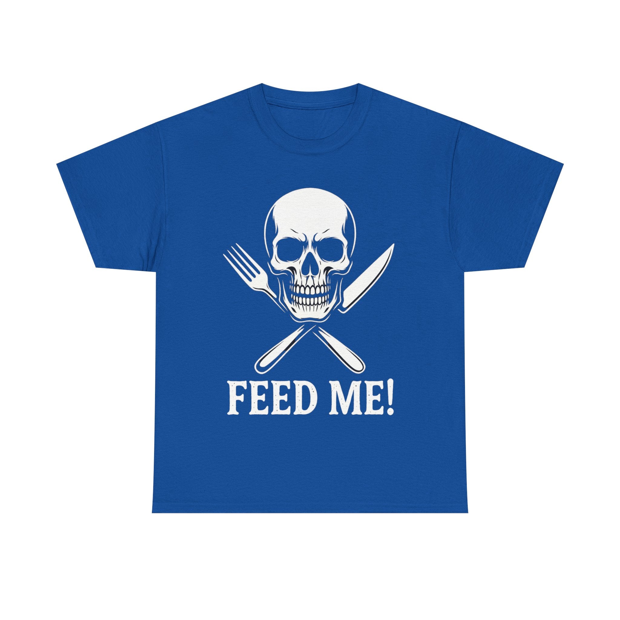 Skull & Fork Unisex Heavy Cotton Tee - Feed Me Graphic Shirt, Halloween Apparel, Casual Wear, Gift for Food Lovers, Trendy T-Shirt