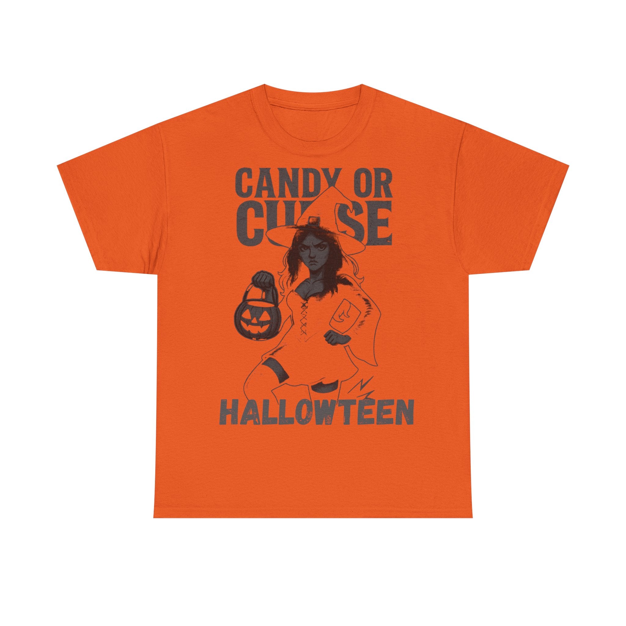 Halloween Unisex Heavy Cotton Tee, Cute Witch Shirt, Candy or Curse Tee, Spooky Season Apparel, Fall Festive Clothing