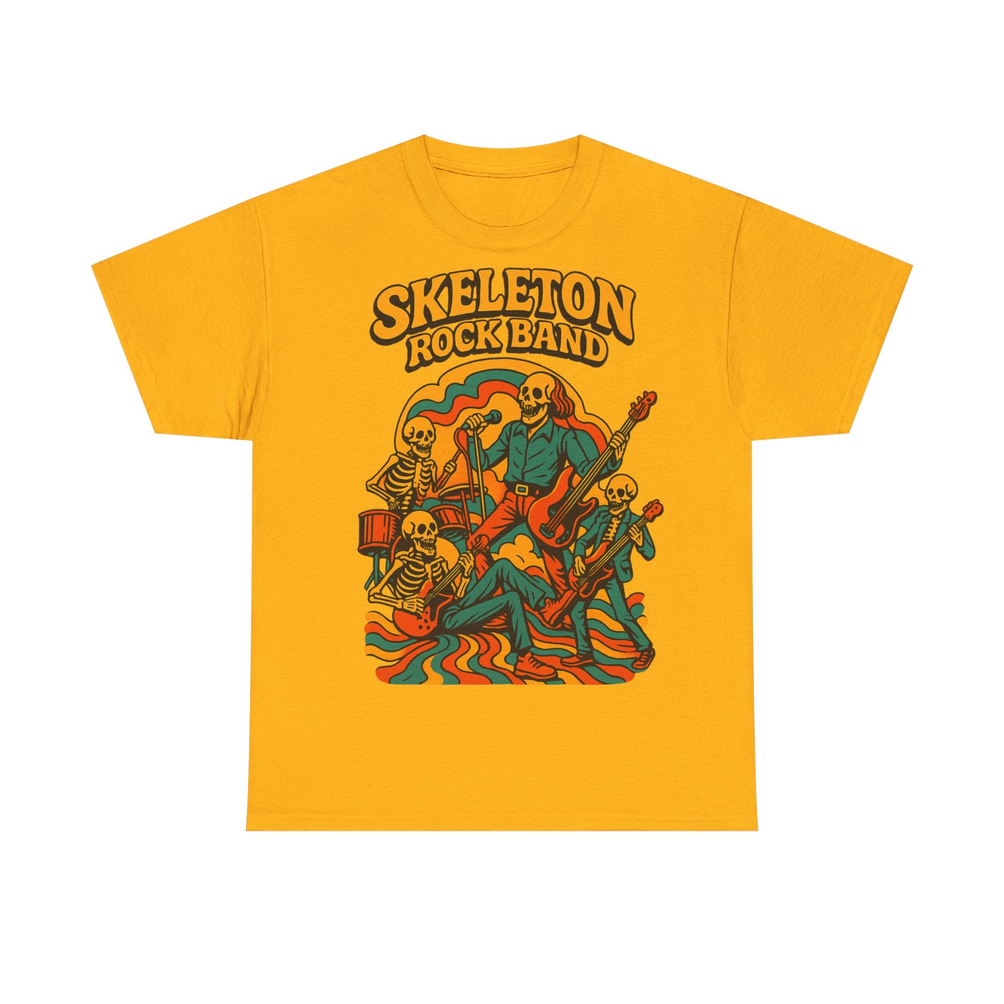 Retro Skeleton Rock Band Tee, Unisex Heavy Cotton Shirt, Halloween Costume, Music Lover Gift, Fun Graphic T-Shirt, Vintage Style Tee