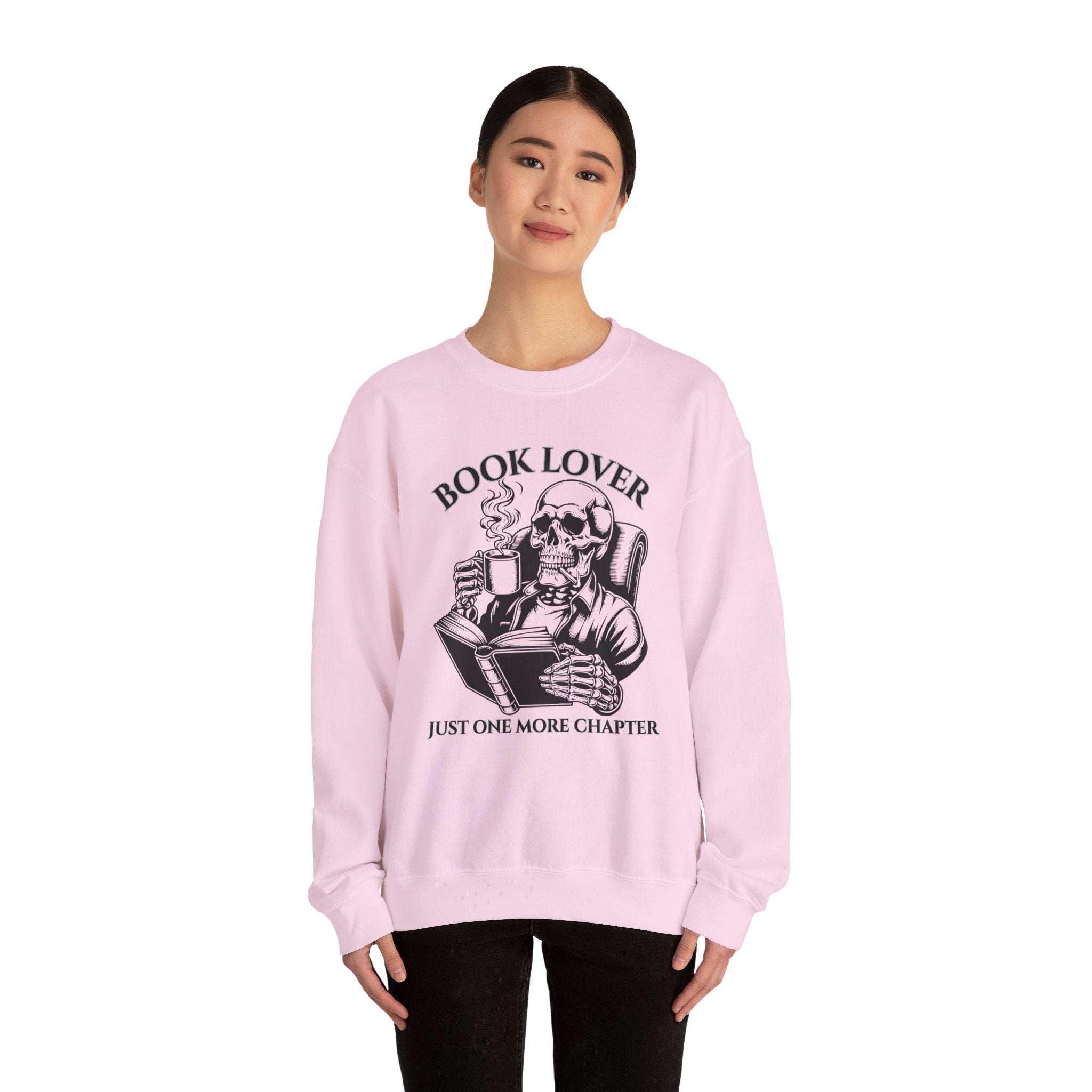 Book Lover Sweatshirt — 'Just One More Chapter' Skull Reading Crewneck