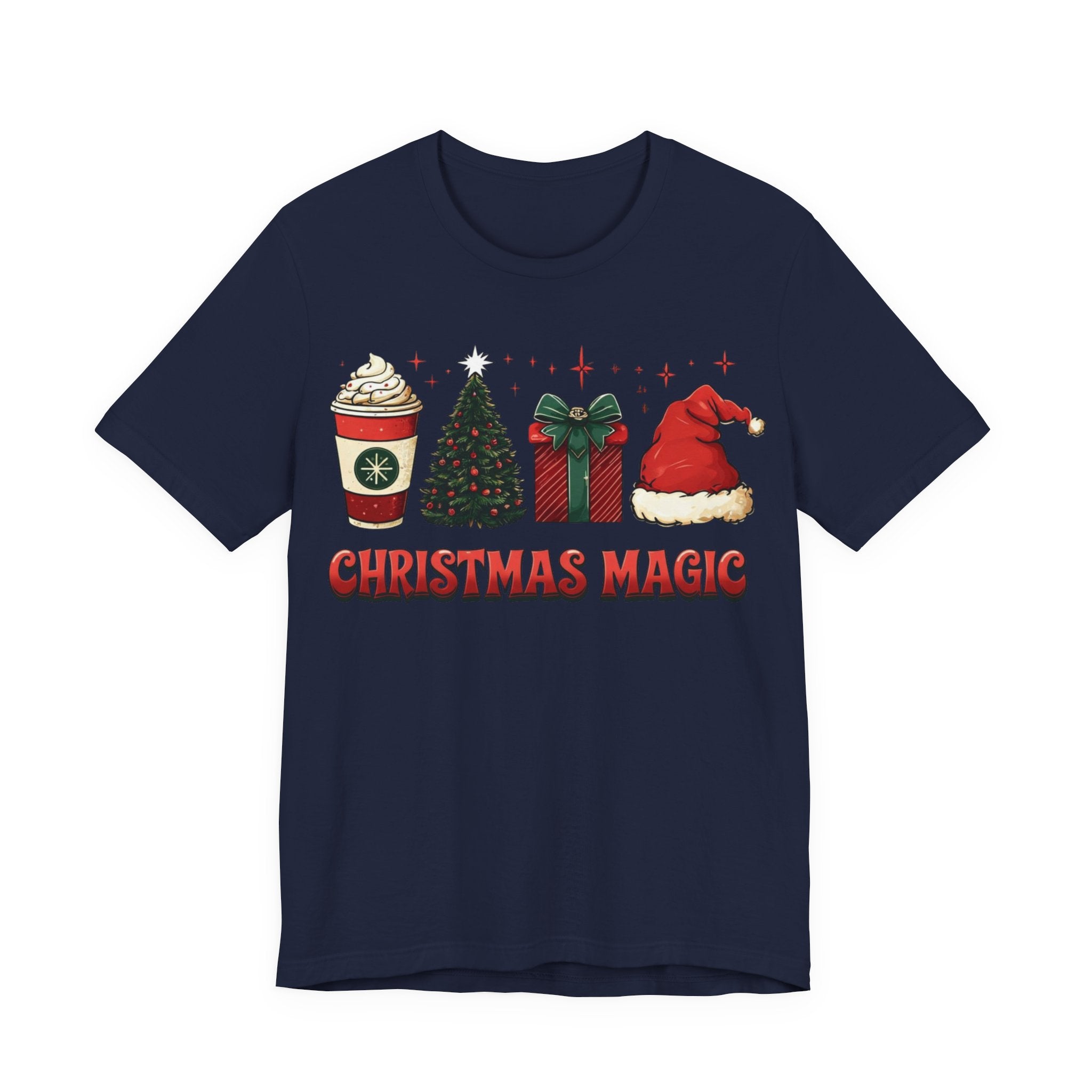 Christmas Magic Tee — Holiday Coffee, Tree & Santa Hat Graphic Shirt