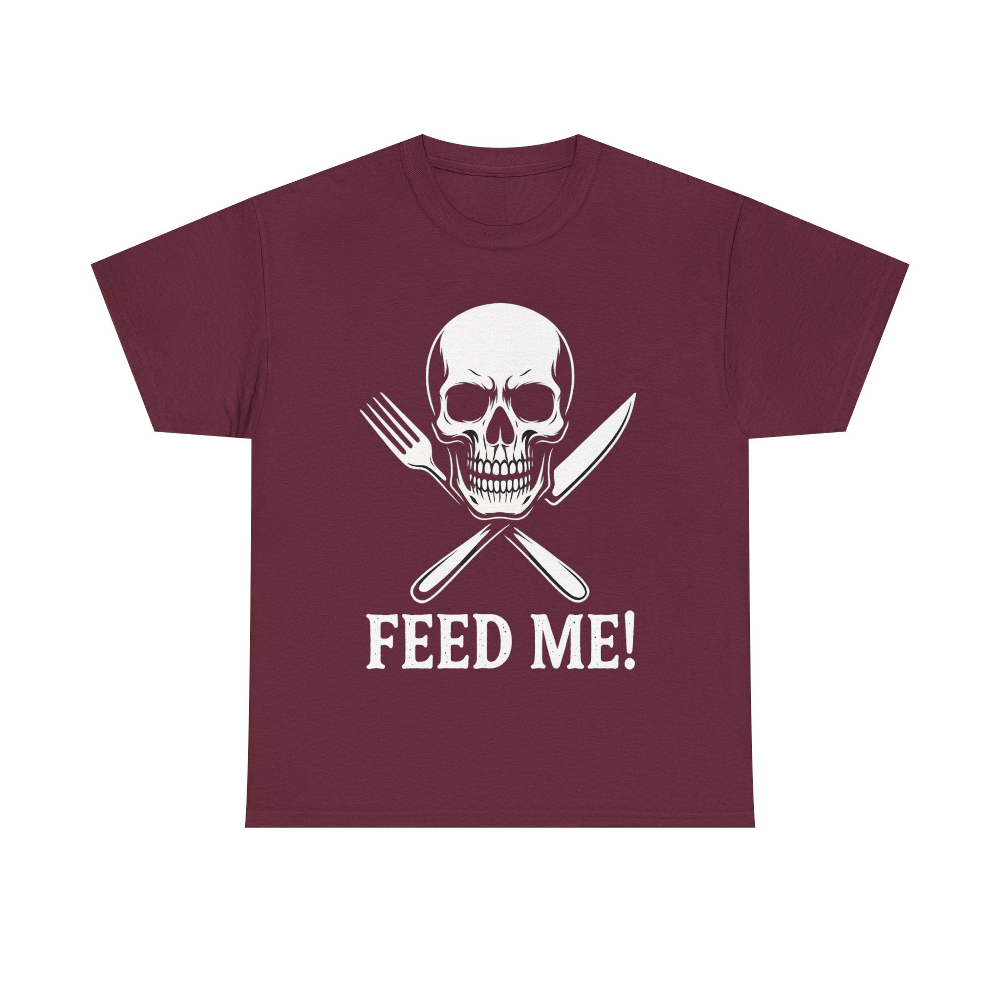 Skull & Fork Unisex Heavy Cotton Tee - Feed Me Graphic Shirt, Halloween Apparel, Casual Wear, Gift for Food Lovers, Trendy T-Shirt