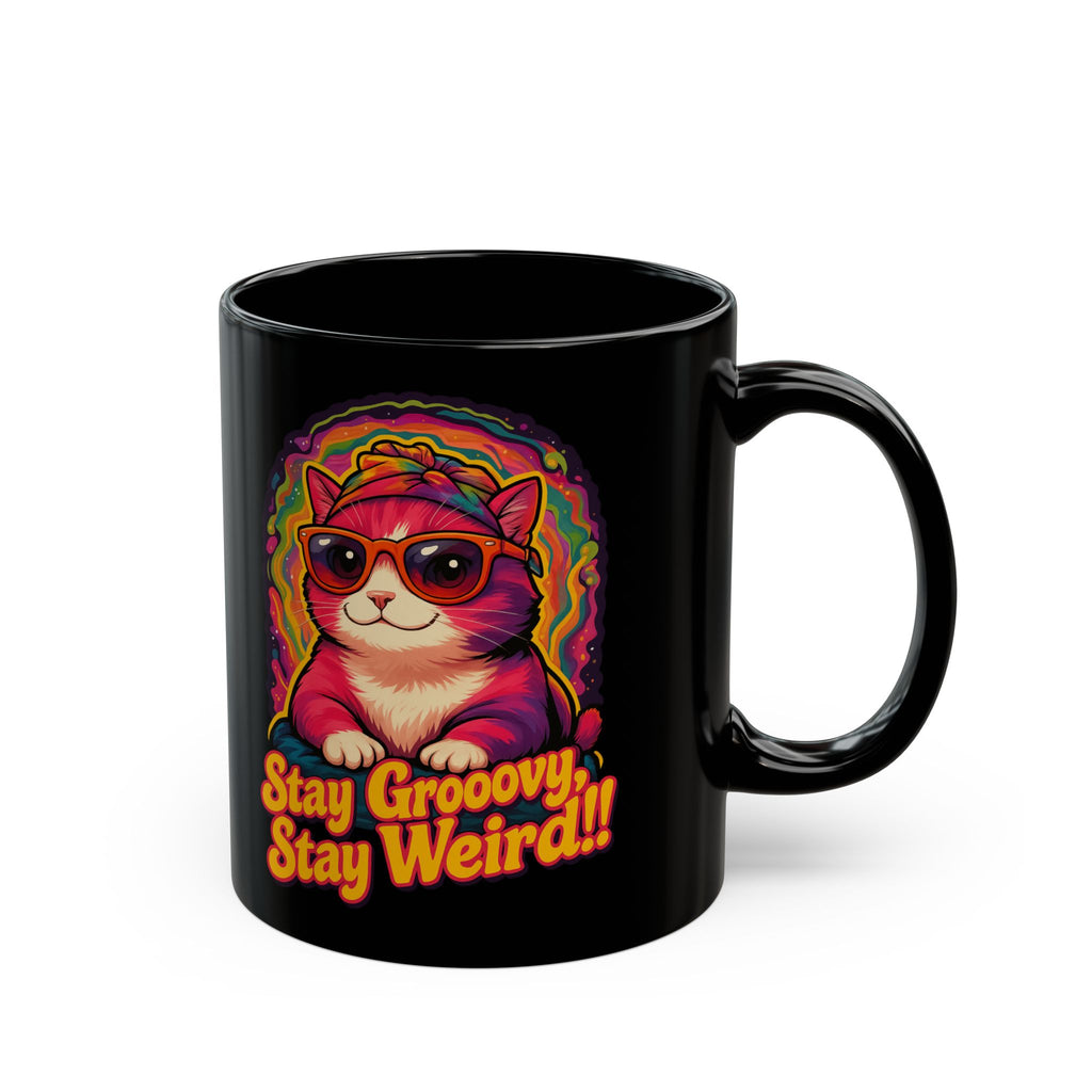 Groovy Cat Mug - Stay Groovy, Stay Weird! - Fun Black Coffee Cup for Cat Lovers, Gifts, Home Decor, Kitchen Essentials