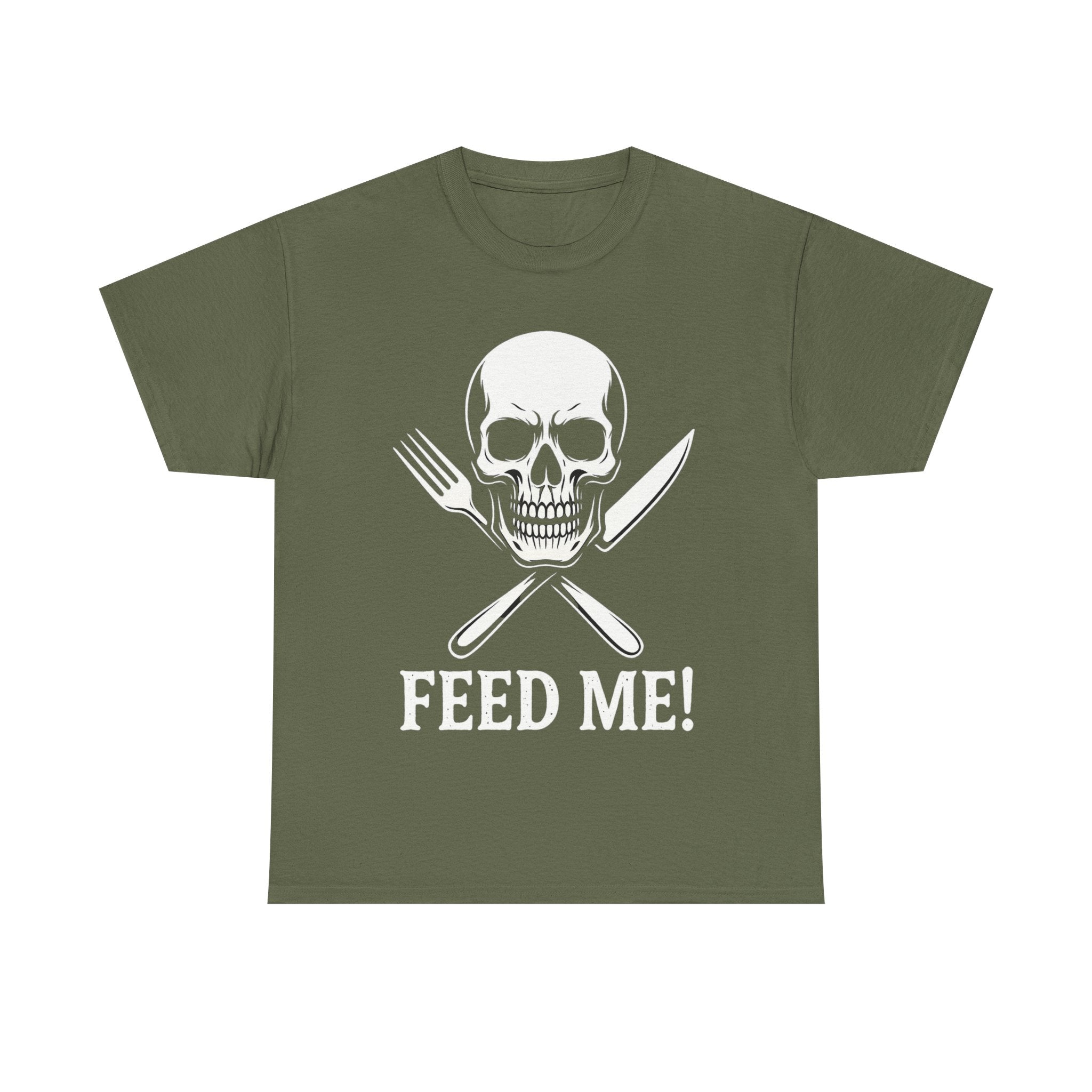 Skull & Fork Unisex Heavy Cotton Tee - Feed Me Graphic Shirt, Halloween Apparel, Casual Wear, Gift for Food Lovers, Trendy T-Shirt