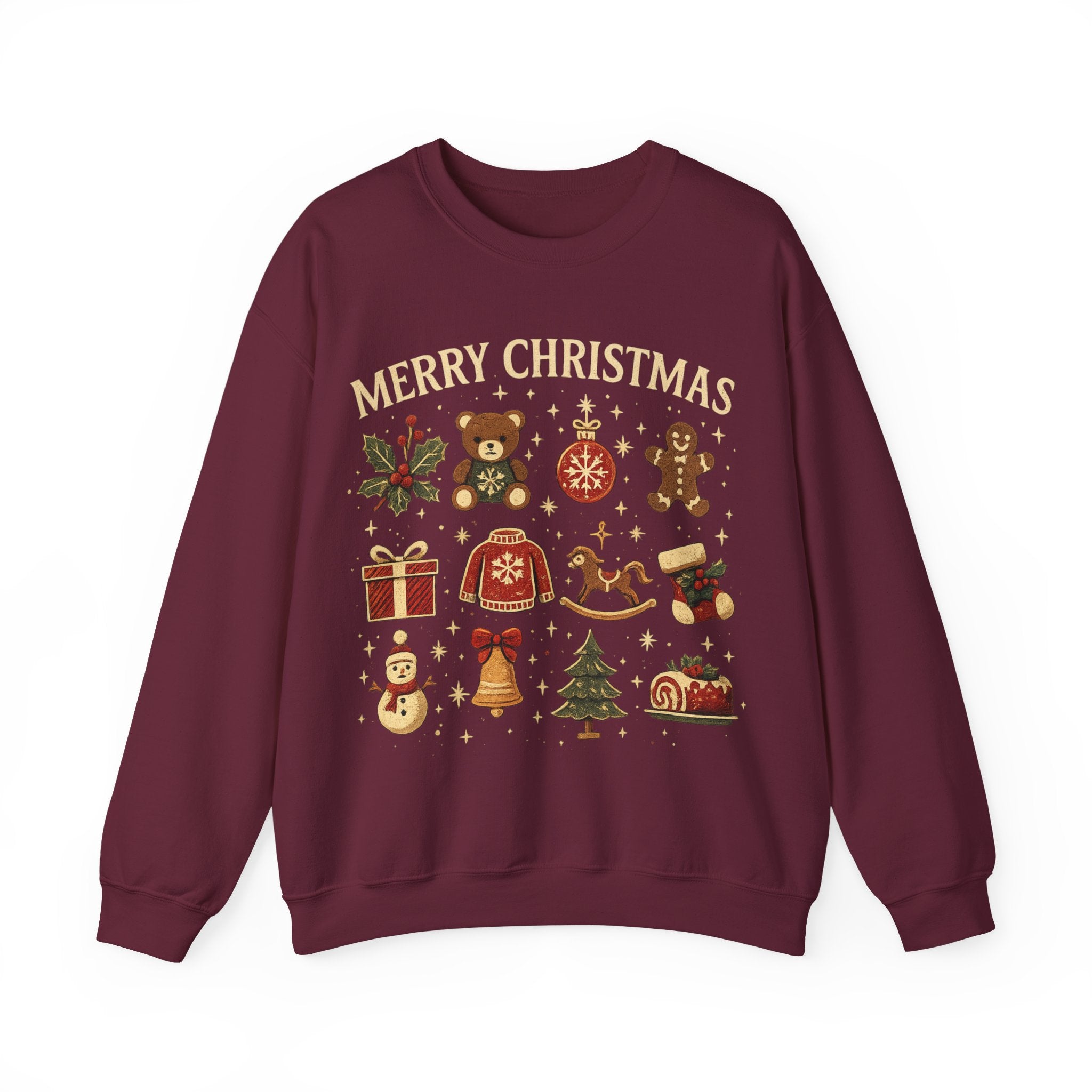 Christmas Icons Crewneck Sweatshirt — "Merry Christmas" Holiday Graphic