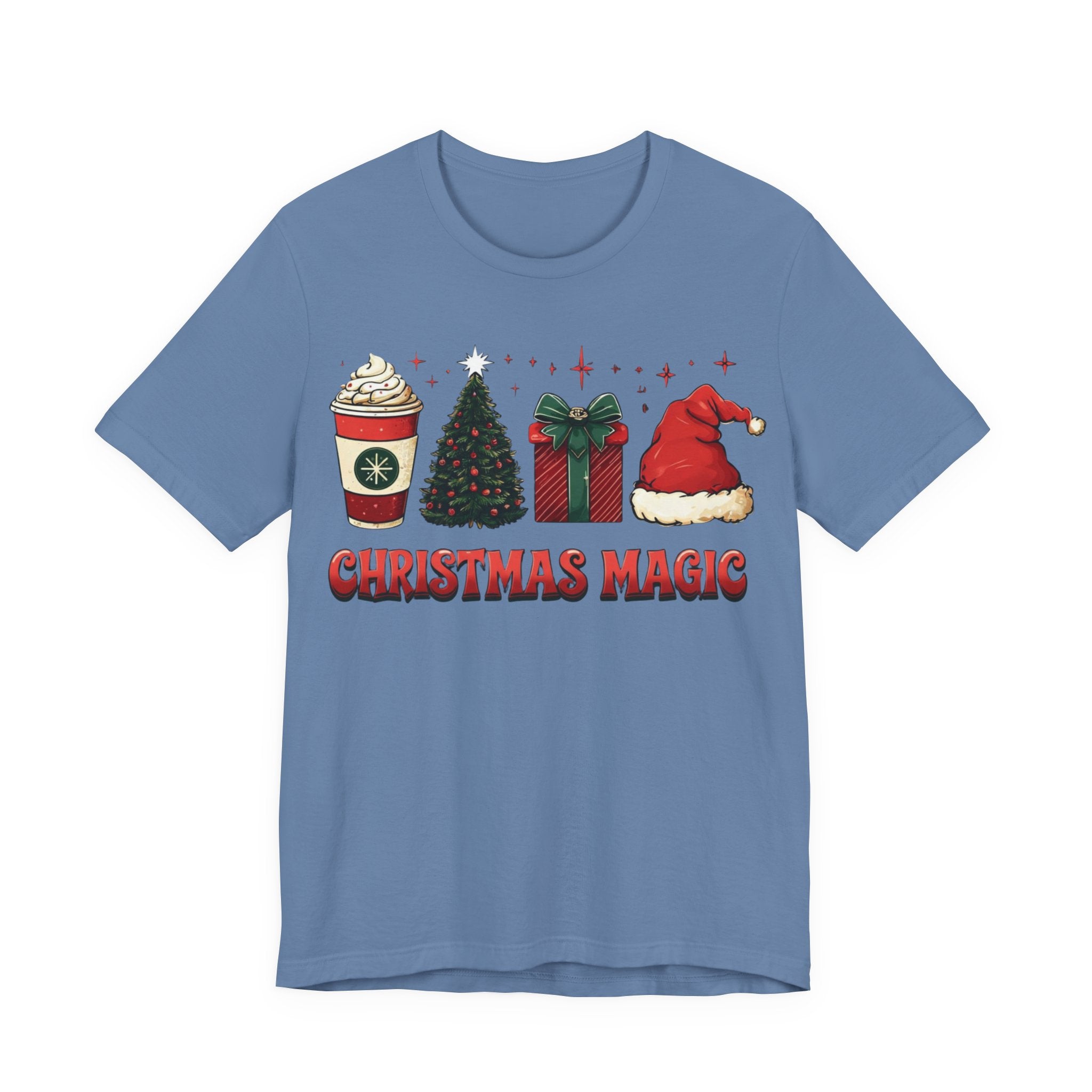 Christmas Magic Tee — Holiday Coffee, Tree & Santa Hat Graphic Shirt