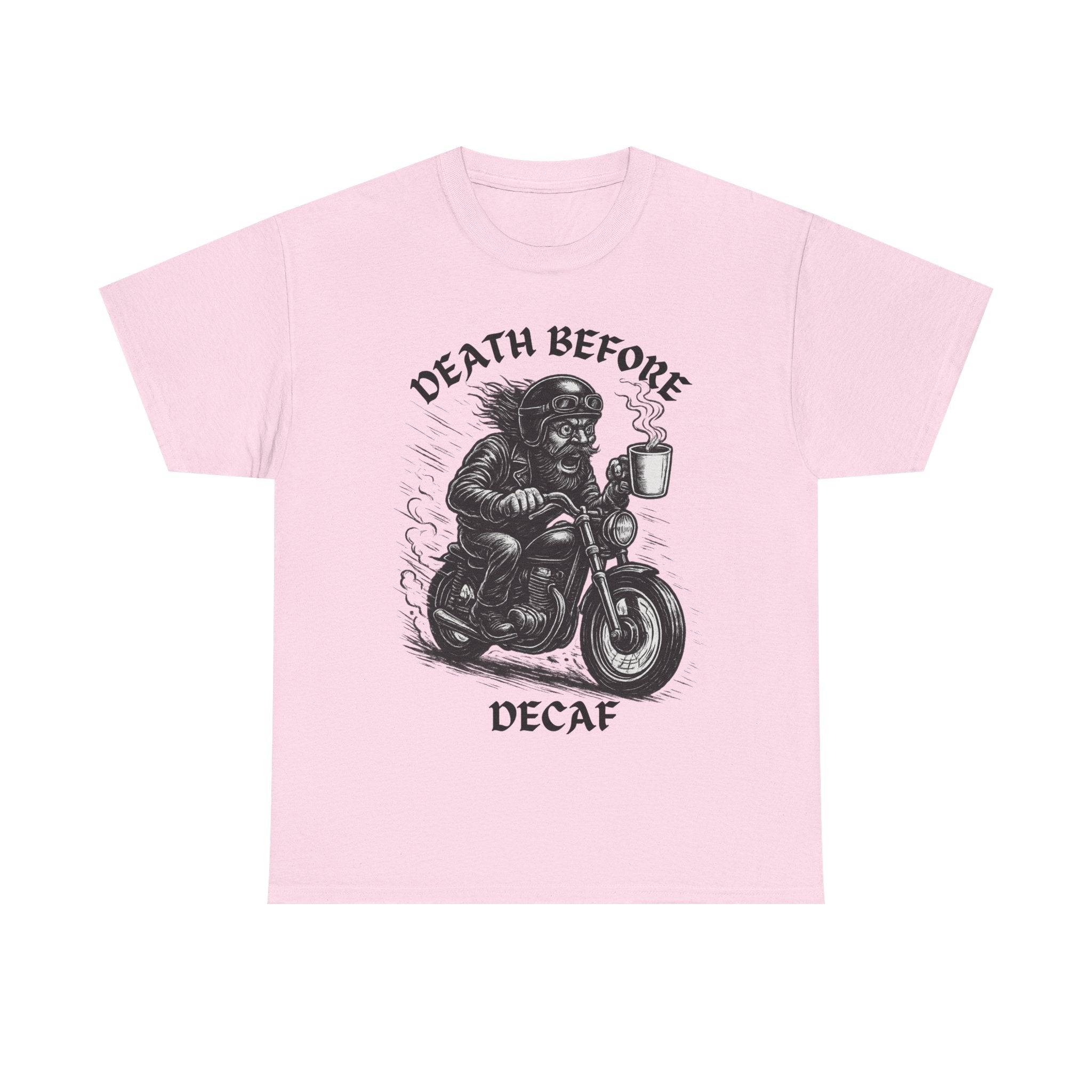 Unisex Heavy Cotton Tee - Death Before Decaf, Coffee Lover Shirt, Biker Tee, Unique Gift, Motorcycle Enthusiast Apparel