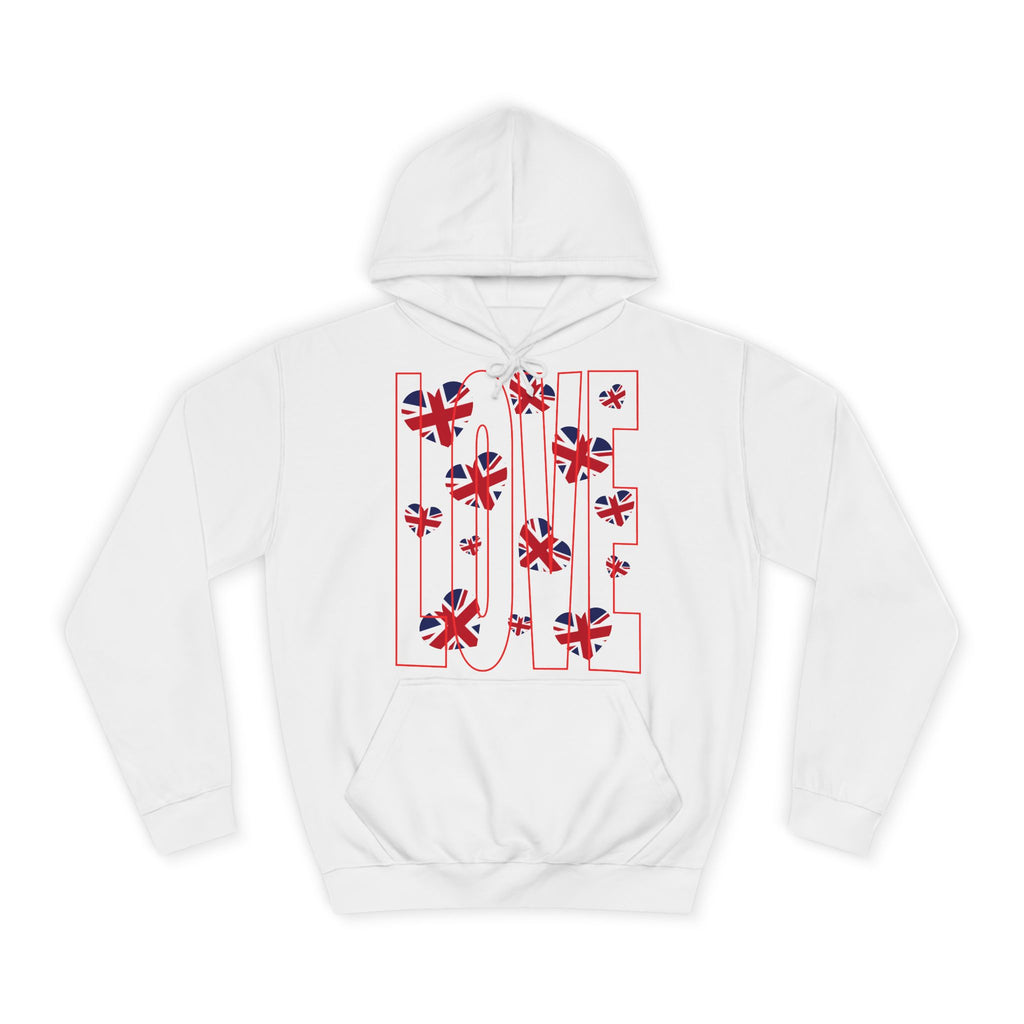 British Love Hearts Unisex College Hoodie, Funny Sweatshirt, UK Flag Design, Gift for Students, Casual Wear,