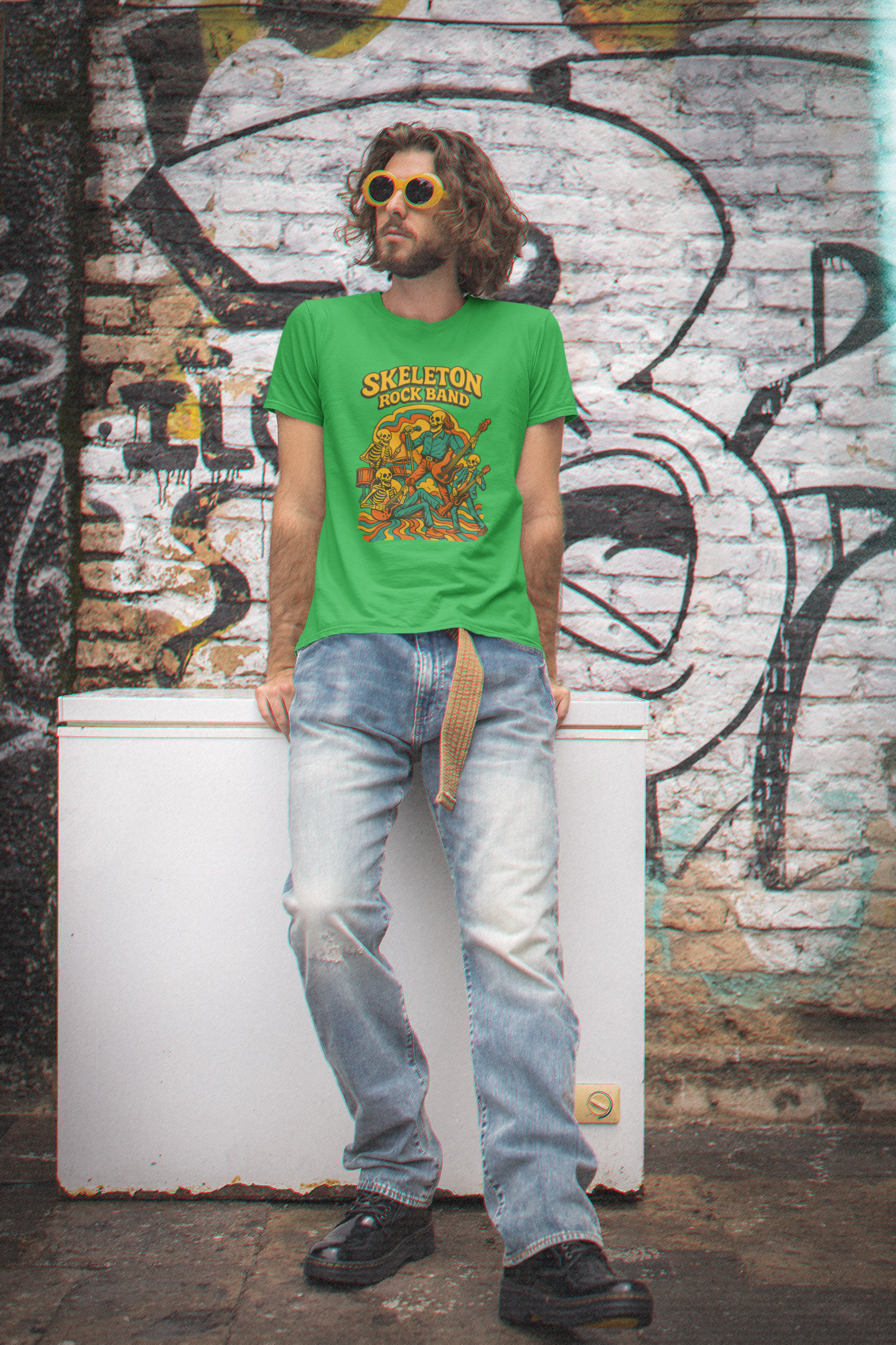 Retro Skeleton Rock Band Tee, Unisex Heavy Cotton Shirt, Halloween Costume, Music Lover Gift, Fun Graphic T-Shirt, Vintage Style Tee