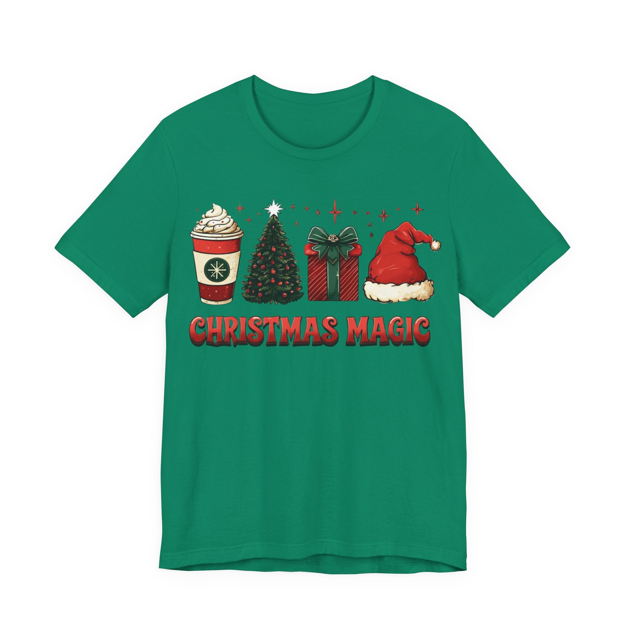 Christmas Magic Tee — Holiday Coffee, Tree & Santa Hat Graphic Shirt