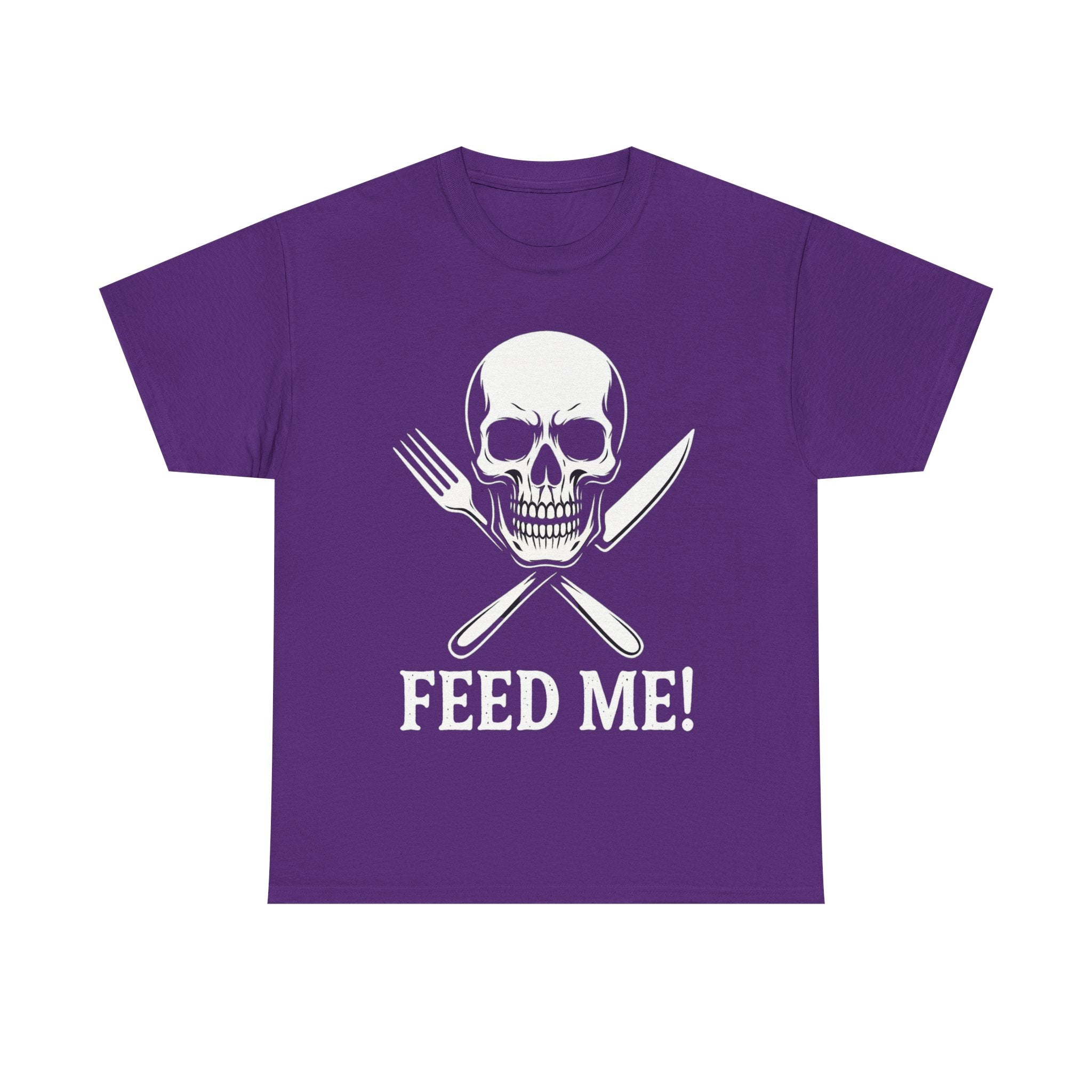 Skull & Fork Unisex Heavy Cotton Tee - Feed Me Graphic Shirt, Halloween Apparel, Casual Wear, Gift for Food Lovers, Trendy T-Shirt