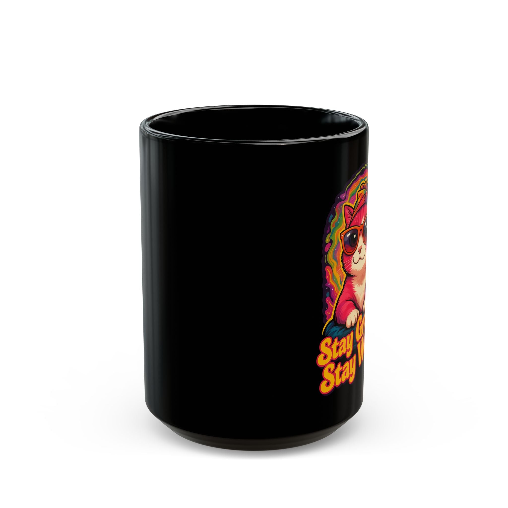 Groovy Cat Mug - Stay Groovy, Stay Weird! - Fun Black Coffee Cup for Cat Lovers, Gifts, Home Decor, Kitchen Essentials