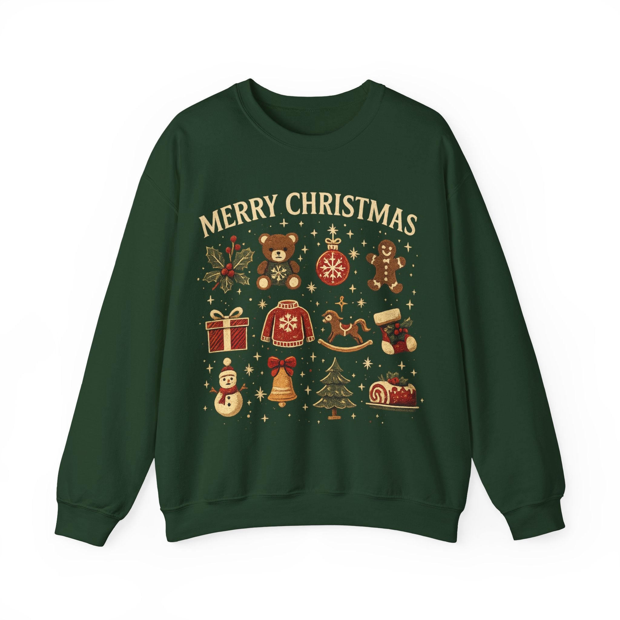 Christmas Icons Crewneck Sweatshirt — "Merry Christmas" Holiday Graphic