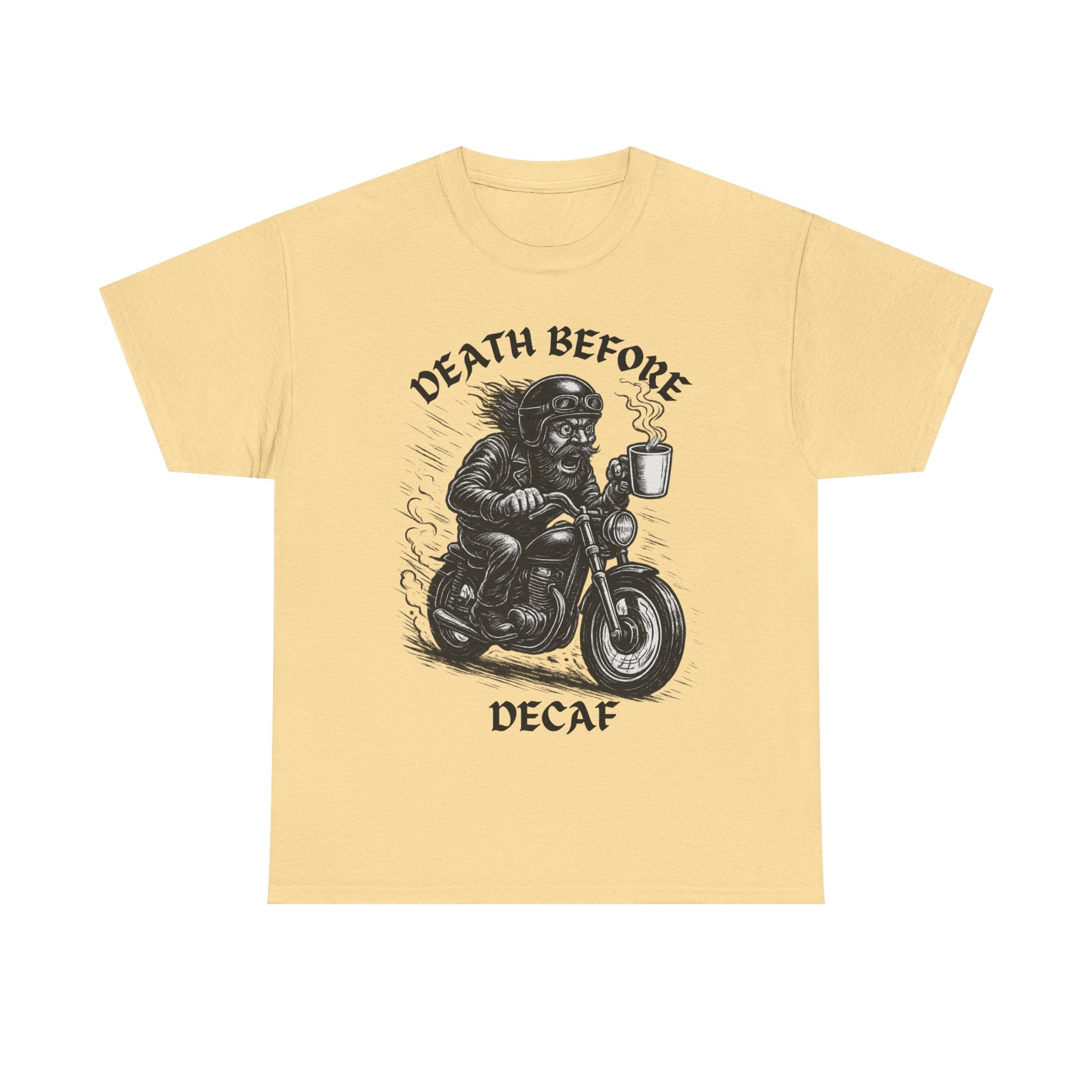 Unisex Heavy Cotton Tee - Death Before Decaf, Coffee Lover Shirt, Biker Tee, Unique Gift, Motorcycle Enthusiast Apparel