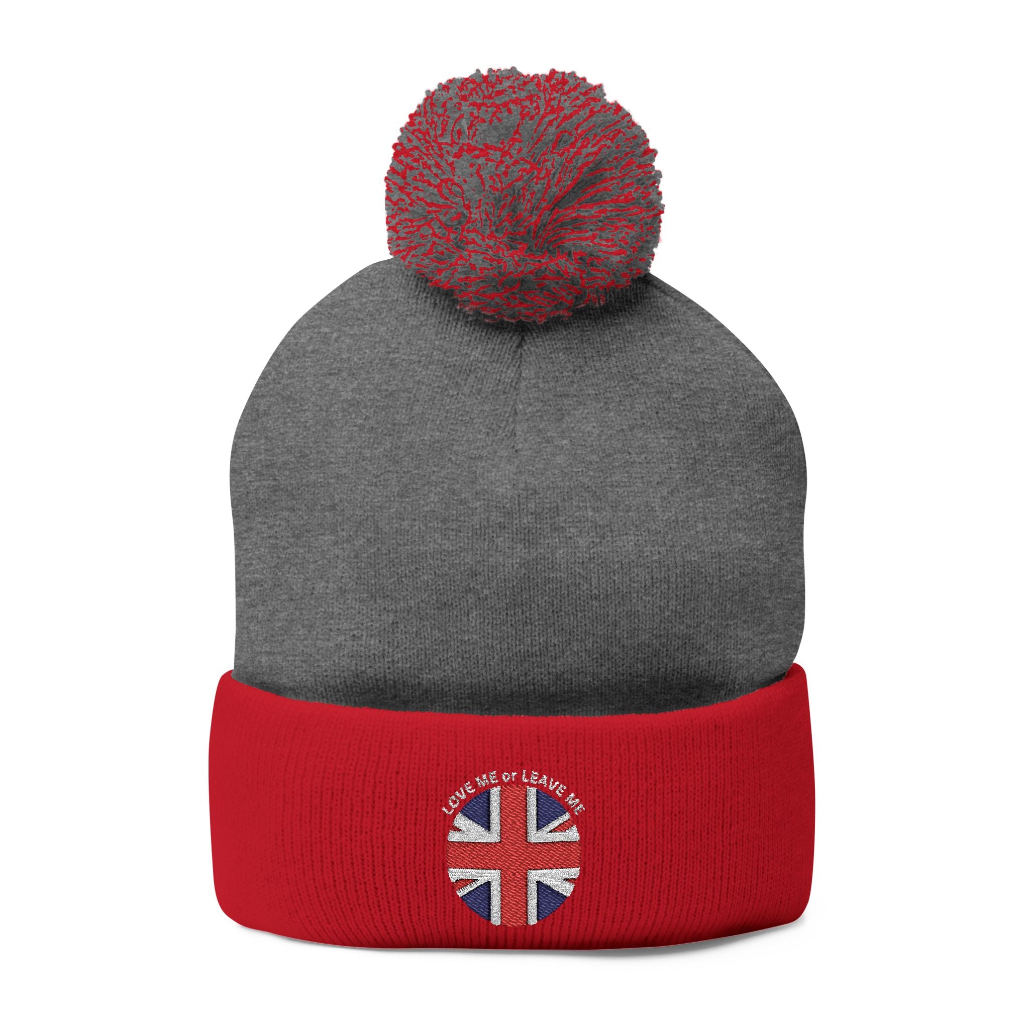 British Union Jack Love me or Leave me Cozy Pom-Pom Knit Cap for Winter Days, Embroidered Beanie, Unisex Winter Hat, Gift for Him/Her, Stylish Cold Weather Accessory