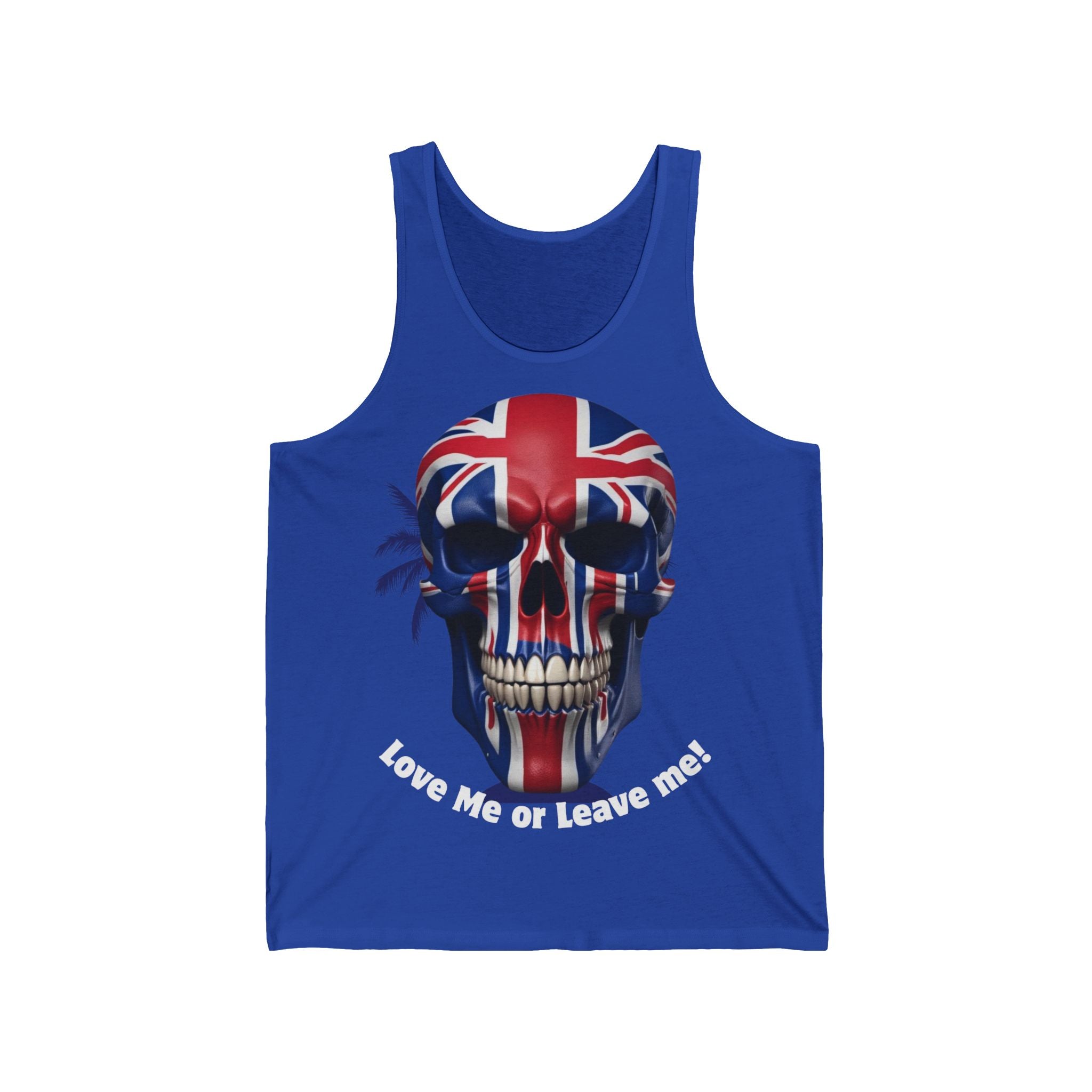 Union Jack Skull Unisex Jersey Tank - Love Me or Leave Me, Festival Top, Summer Wear, Music Event Shirt, Edgy Fashion