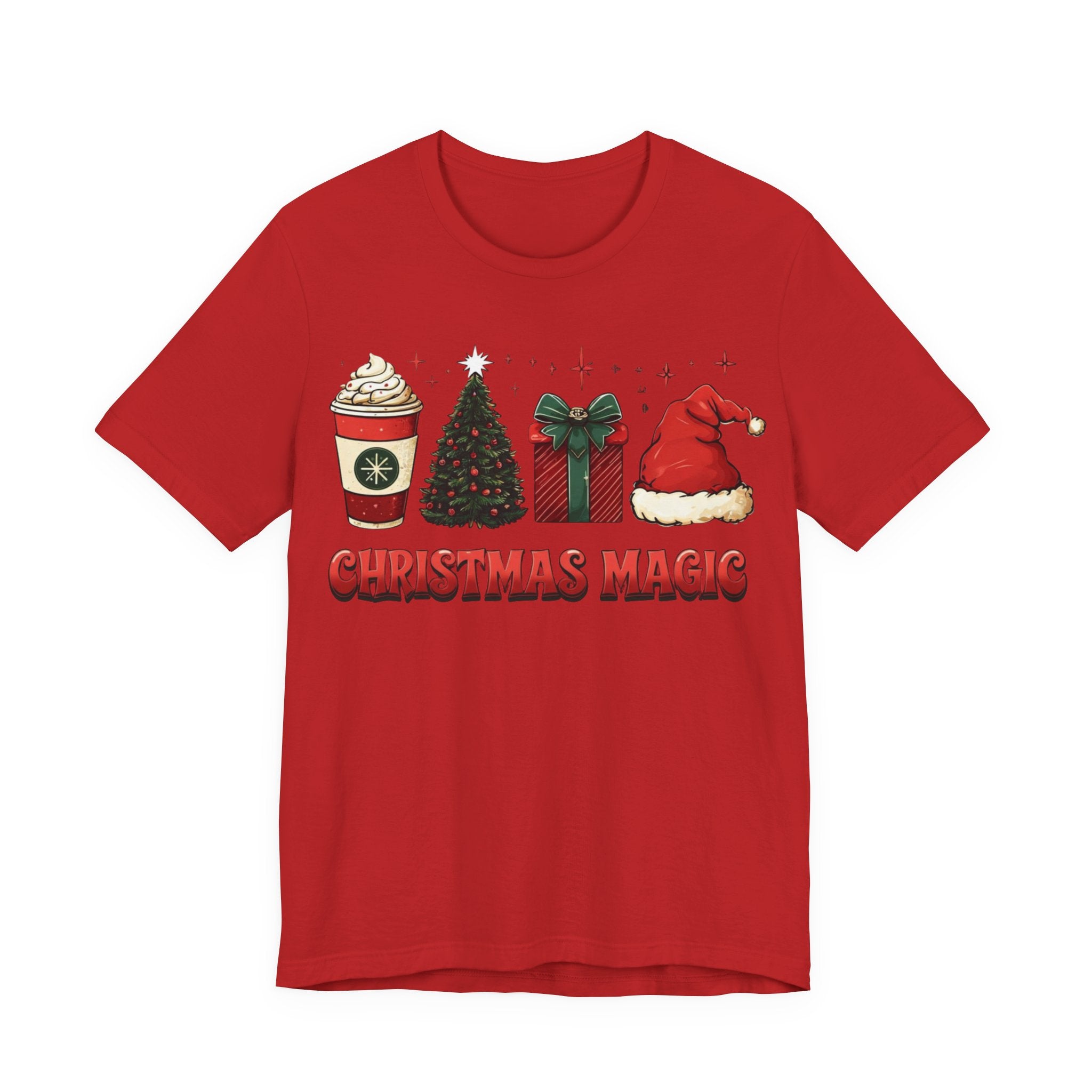 Christmas Magic Tee — Holiday Coffee, Tree & Santa Hat Graphic Shirt