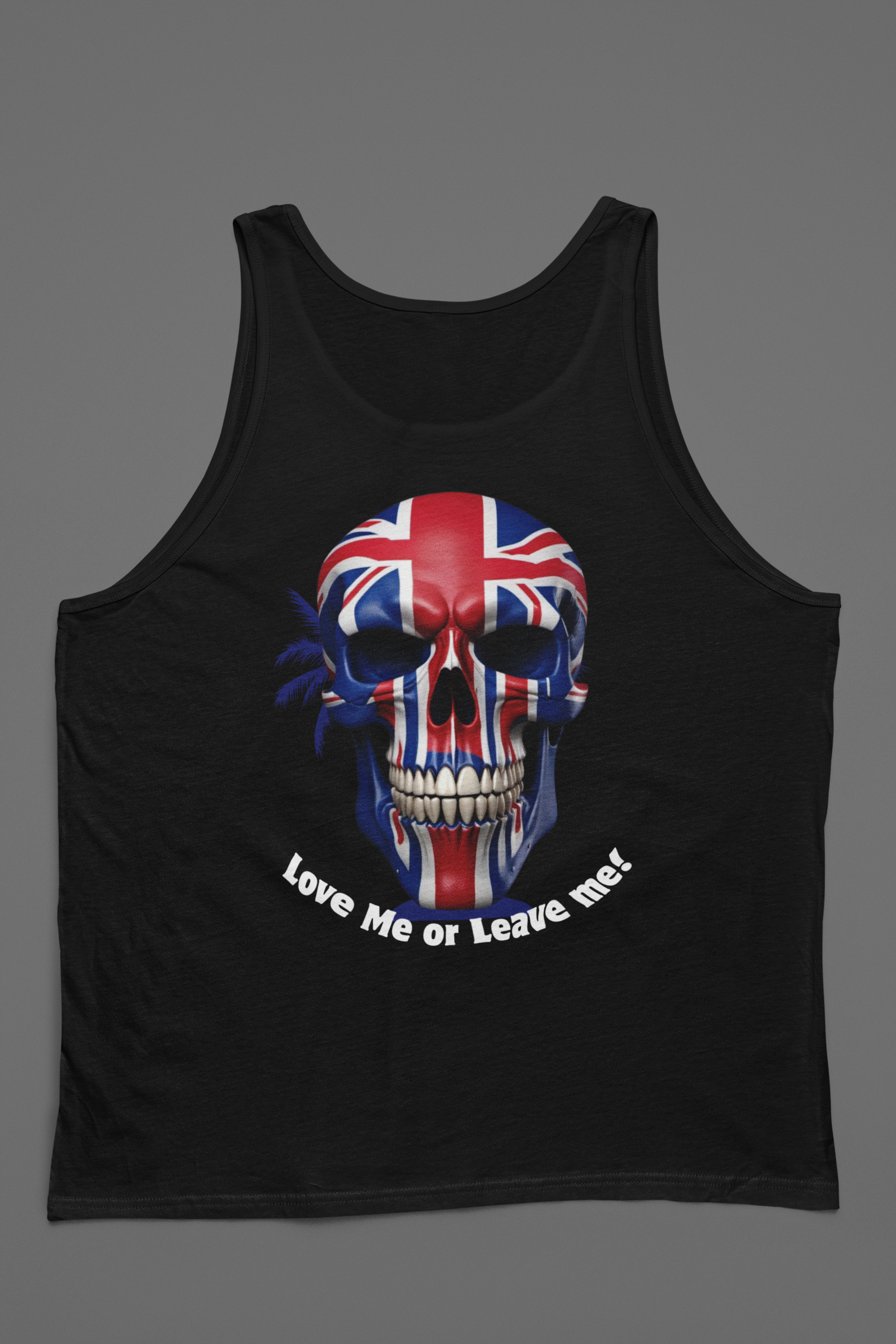 Union Jack Skull Unisex Jersey Tank - Love Me or Leave Me, Festival Top, Summer Wear, Music Event Shirt, Edgy Fashion
