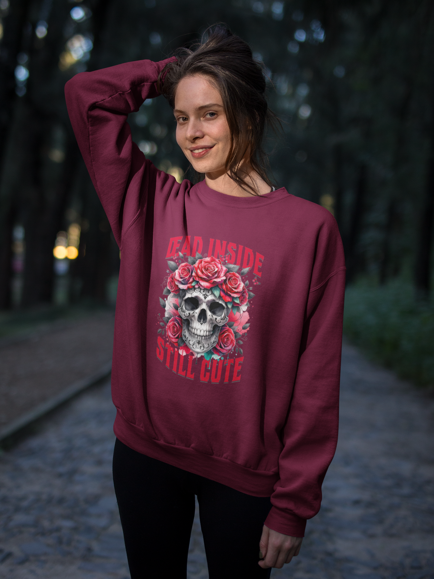 Dead Inside Still Cute Sweatshirt – Gothic Skull Rose Sweater, Dark Feminine Aesthetic Clothing, Alternative Cute Goth Pullover, Funny Goth Gift