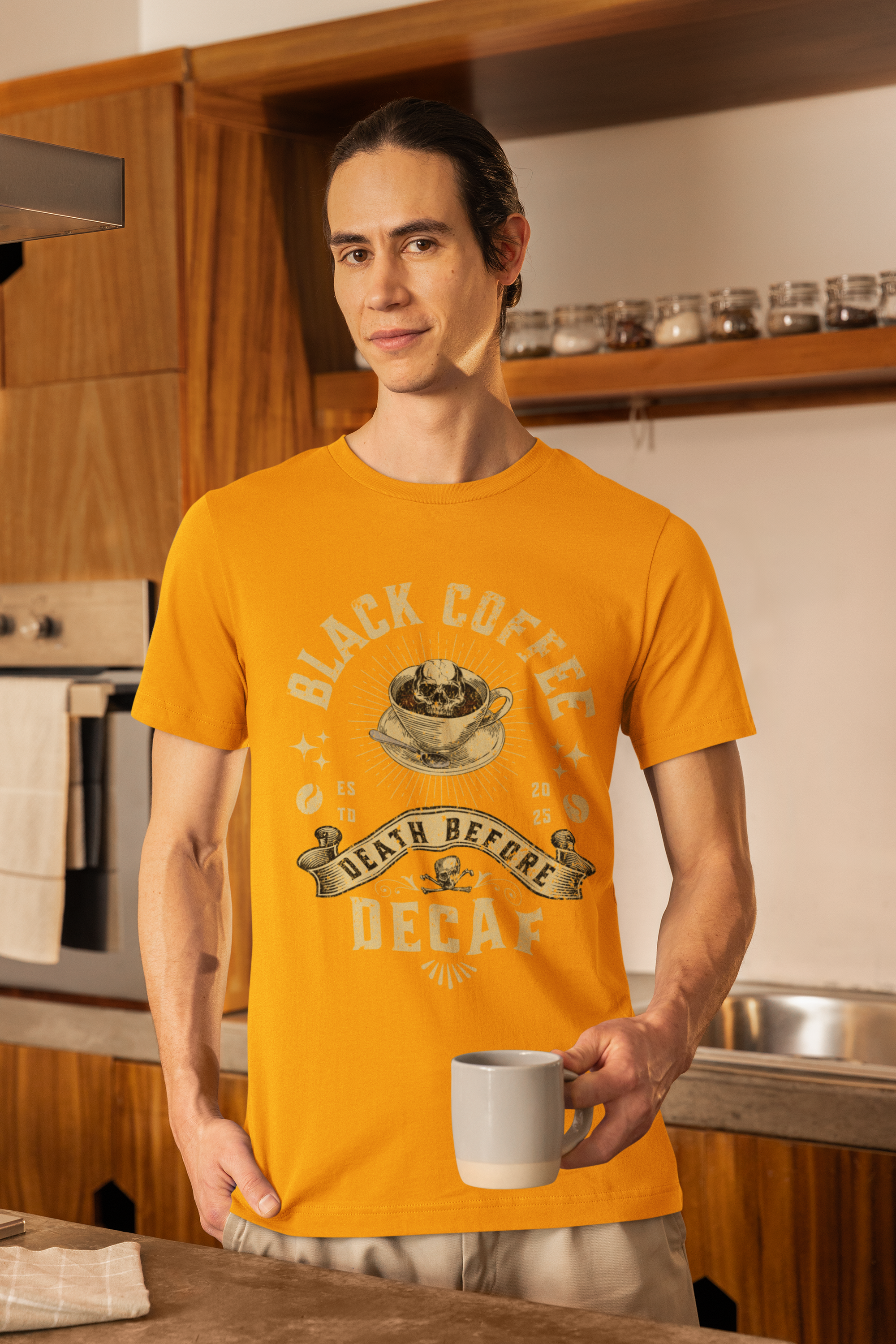 Coffee T-Shirt — "Black Coffee or Death Before Decaf" Retro Graphic Tee