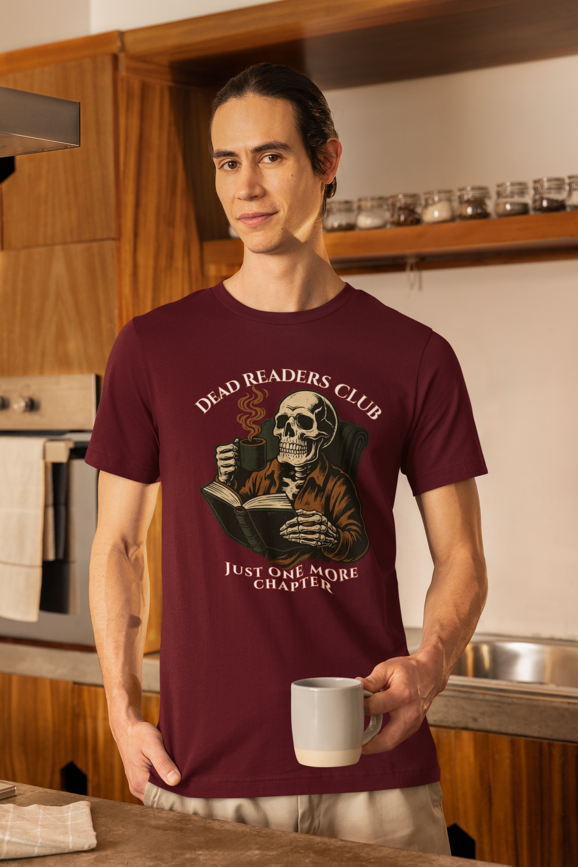 Dead Readers Club T-Shirt — 'Just One More Chapter' Skeleton Reading Tee