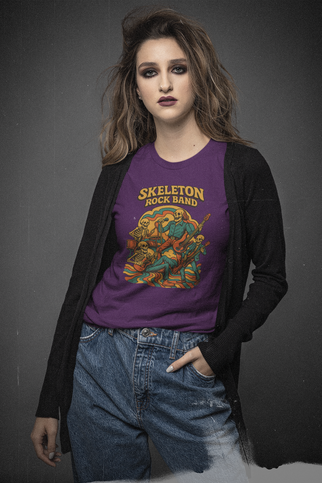 Retro Skeleton Rock Band Tee, Unisex Heavy Cotton Shirt, Halloween Costume, Music Lover Gift, Fun Graphic T-Shirt, Vintage Style Tee