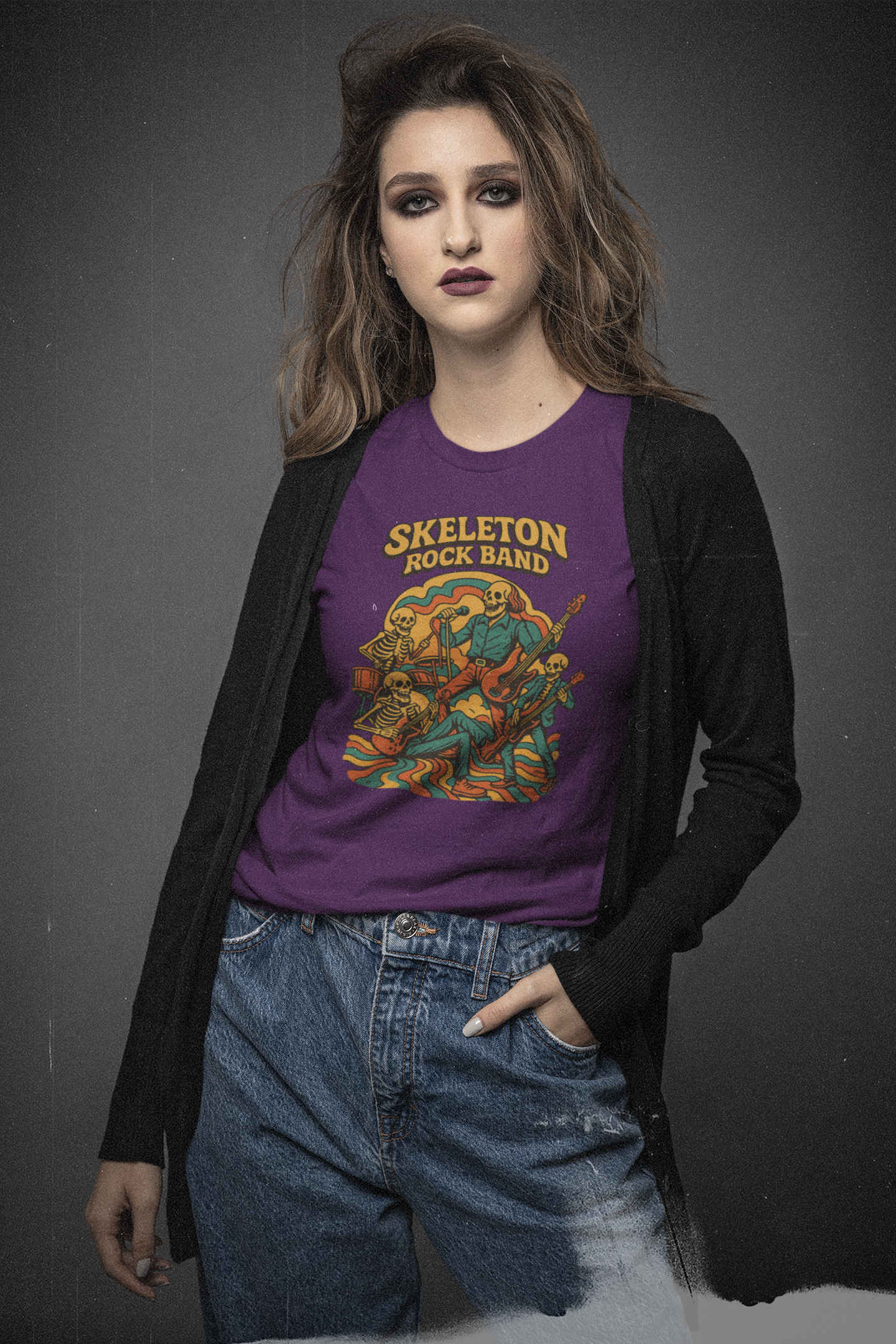 Retro Skeleton Rock Band Tee, Unisex Heavy Cotton Shirt, Halloween Costume, Music Lover Gift, Fun Graphic T-Shirt, Vintage Style Tee