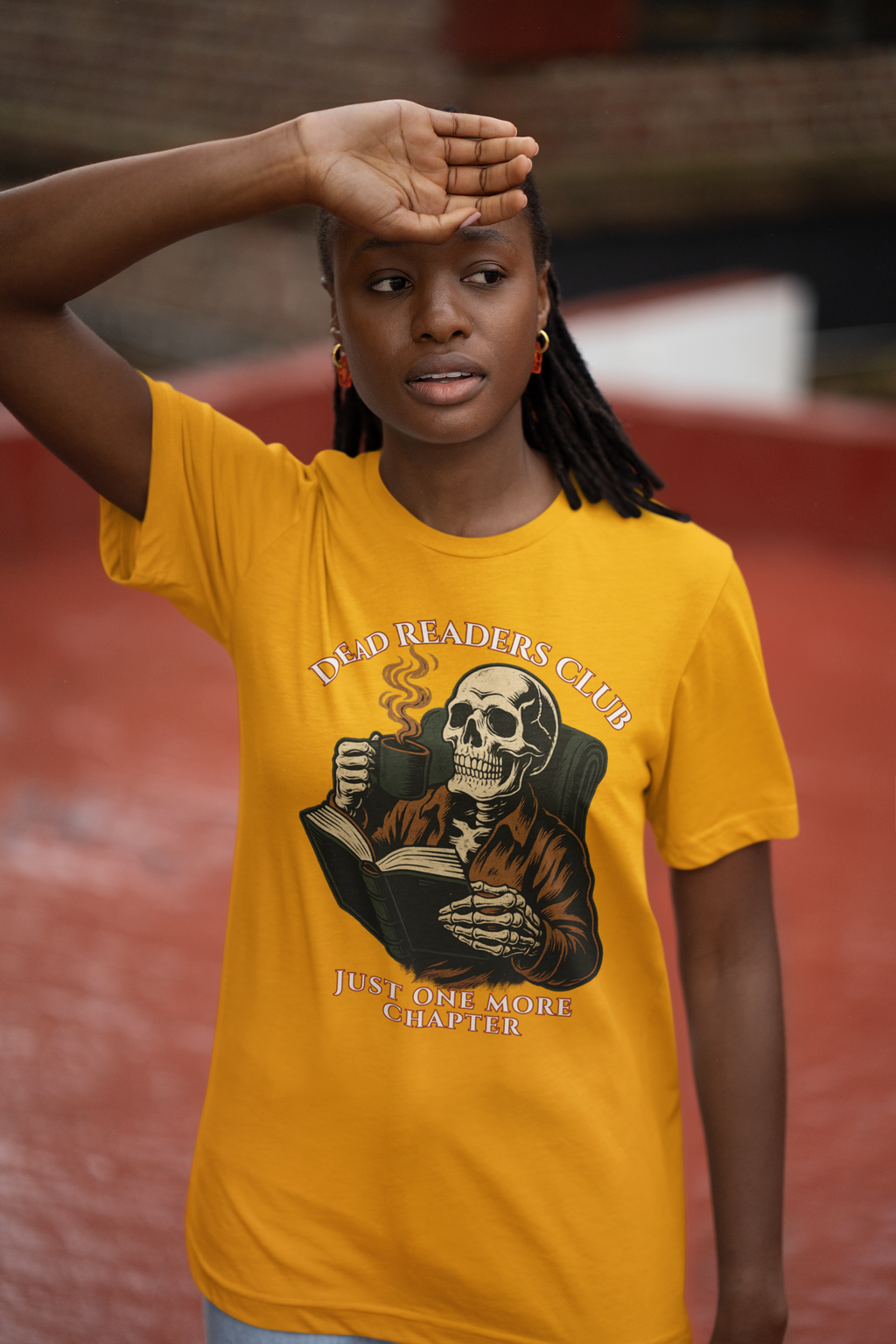 Dead Readers Club T-Shirt — 'Just One More Chapter' Skeleton Reading Tee