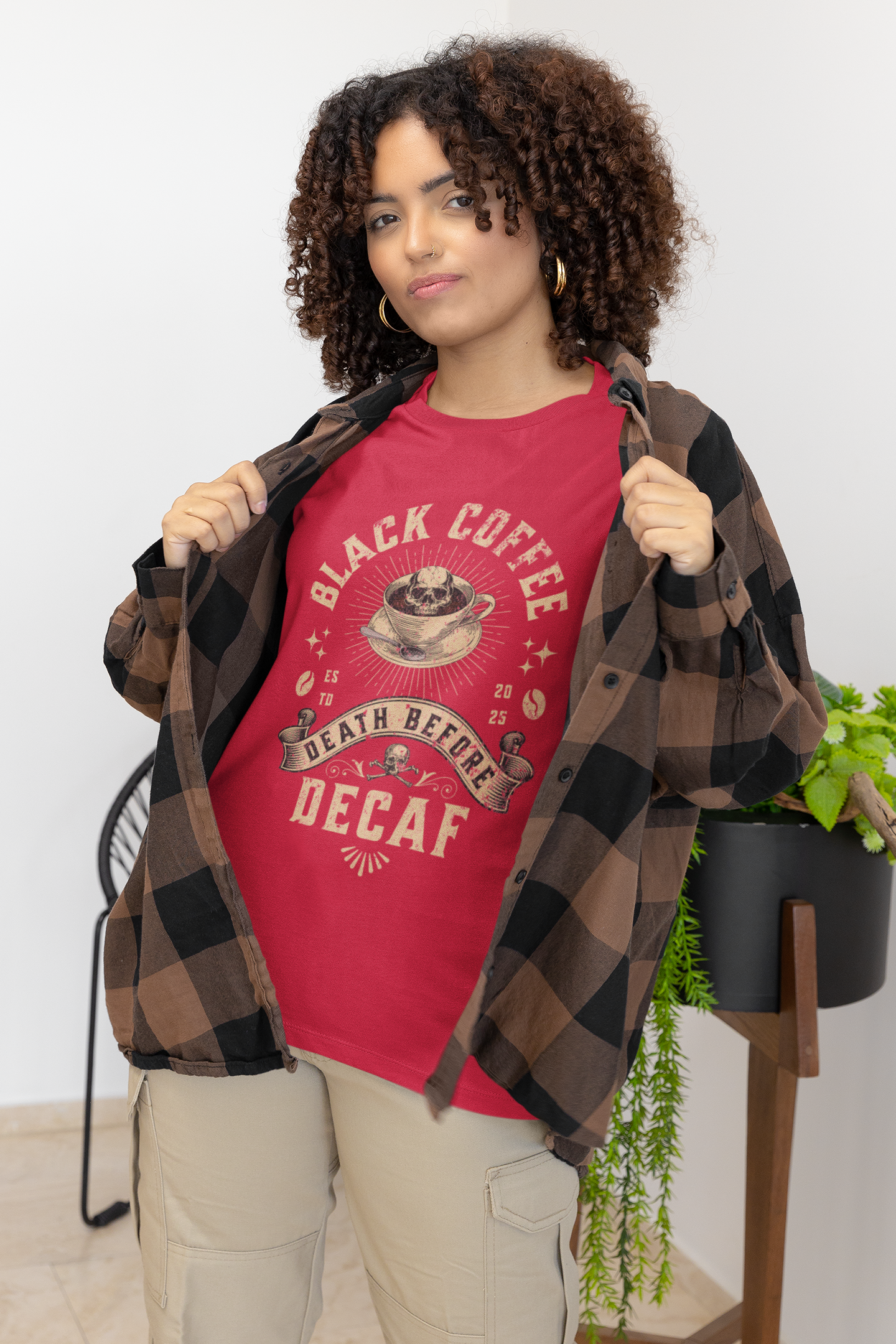 Coffee T-Shirt — "Black Coffee or Death Before Decaf" Retro Graphic Tee