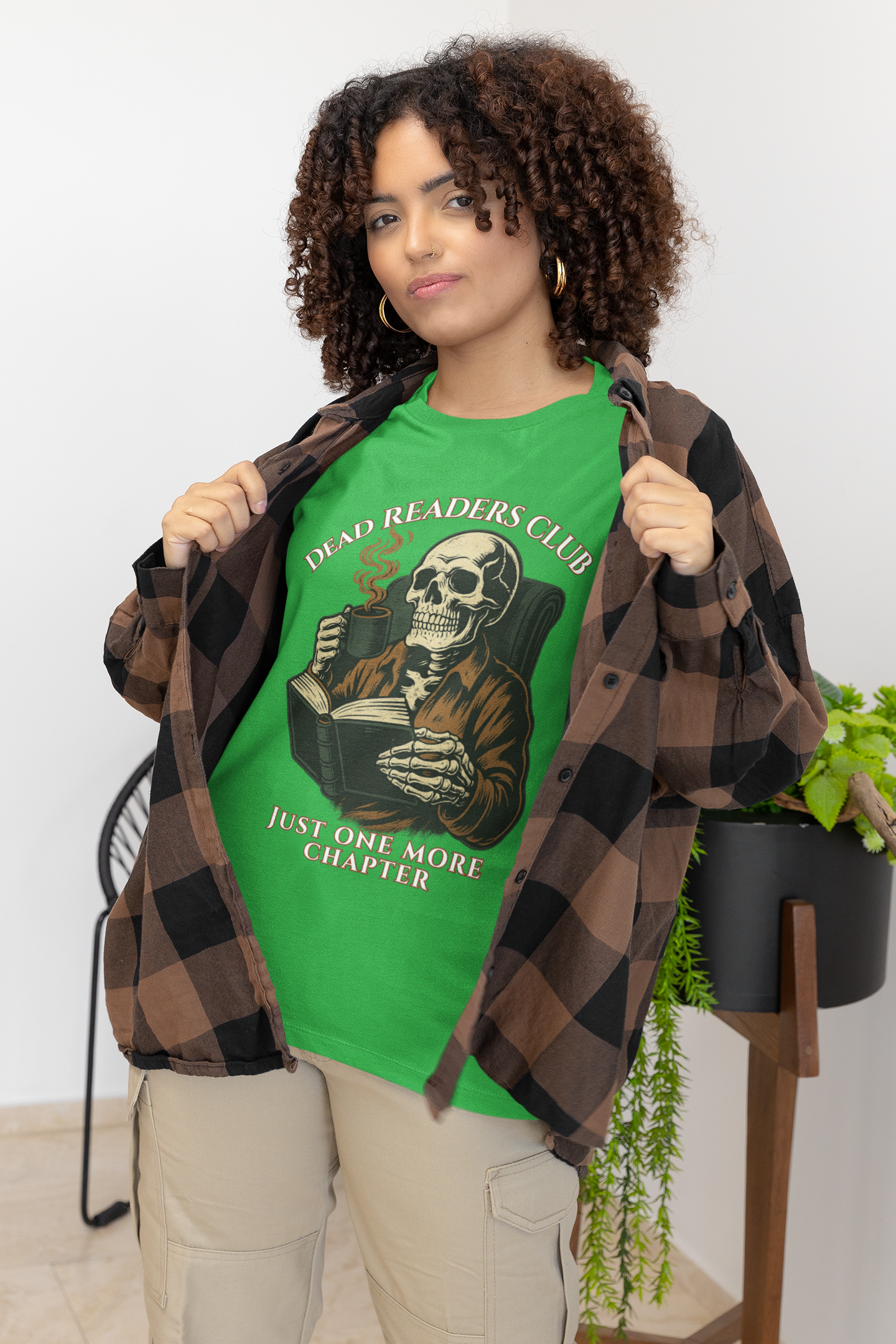 Dead Readers Club T-Shirt — 'Just One More Chapter' Skeleton Reading Tee