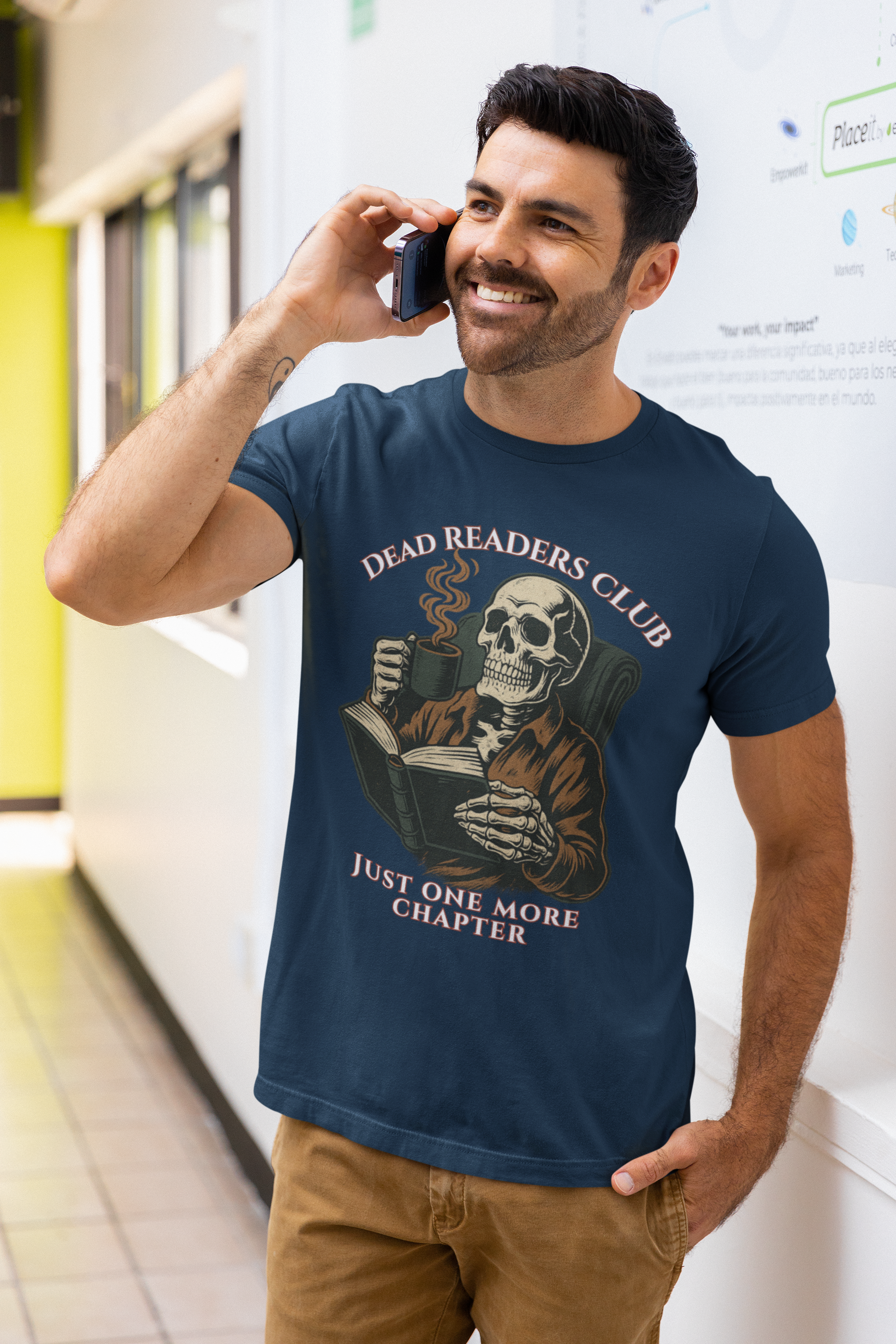 Dead Readers Club T-Shirt — 'Just One More Chapter' Skeleton Reading Tee