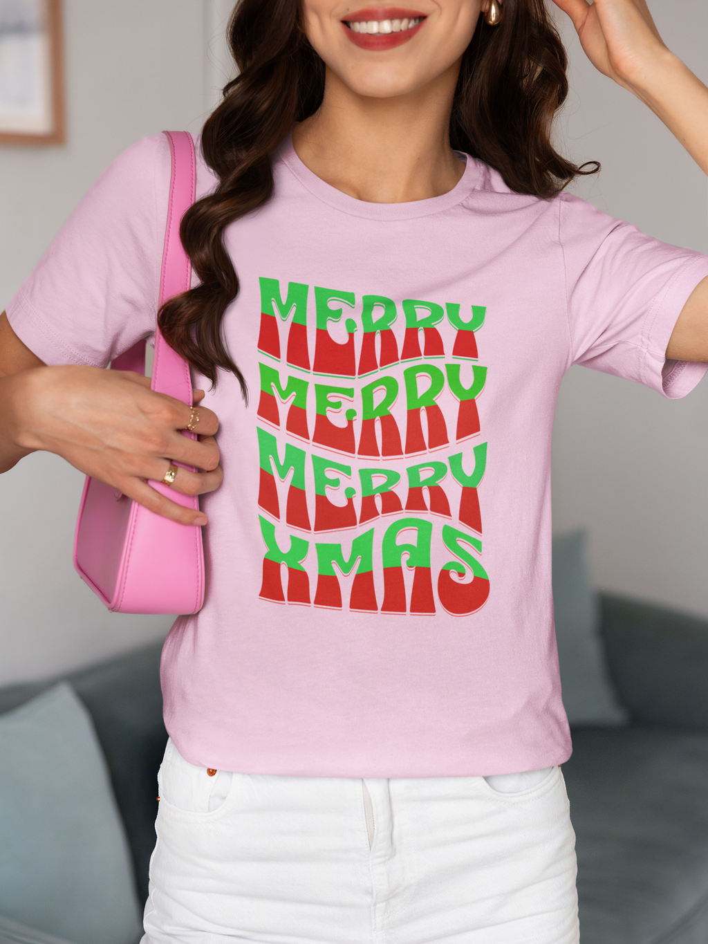 Merry Merry Merry Xmas T-Shirt — Retro Wavy Christmas Tee