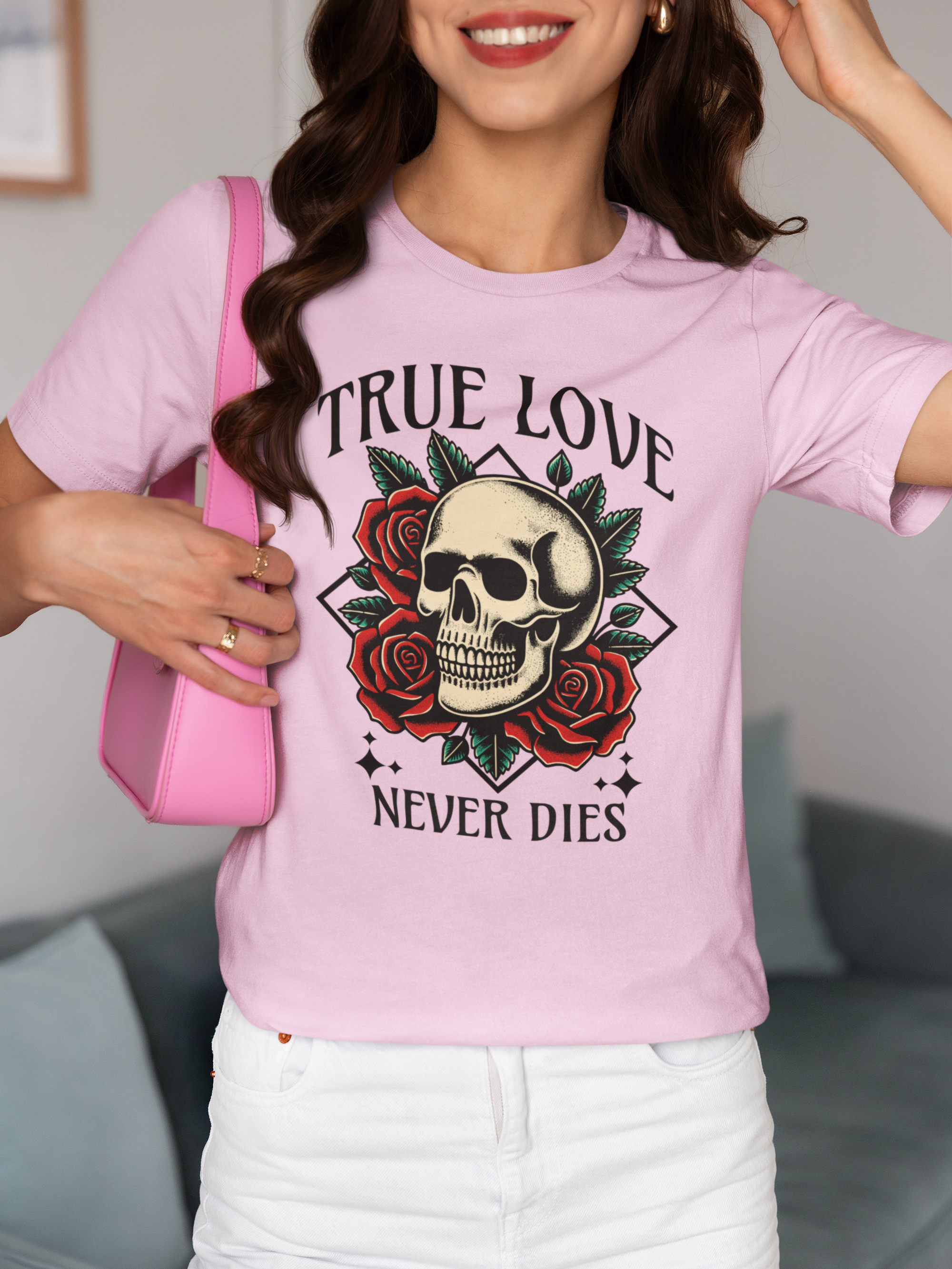 True Love Never Dies Skull Tee — Gothic Rose Graphic T-Shirt