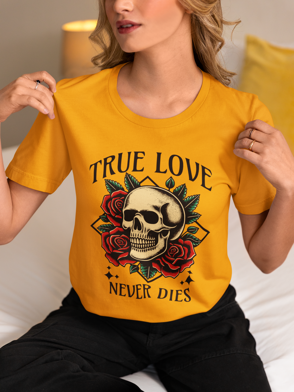 True Love Never Dies Skull Tee — Gothic Rose Graphic T-Shirt