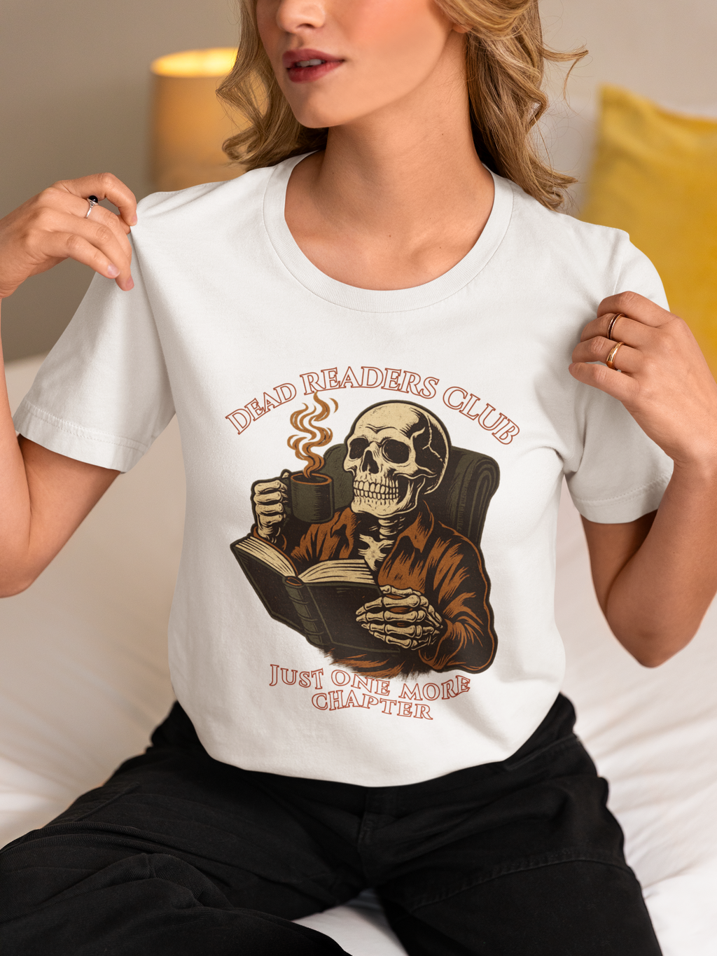 Dead Readers Club T-Shirt — 'Just One More Chapter' Skeleton Reading Tee