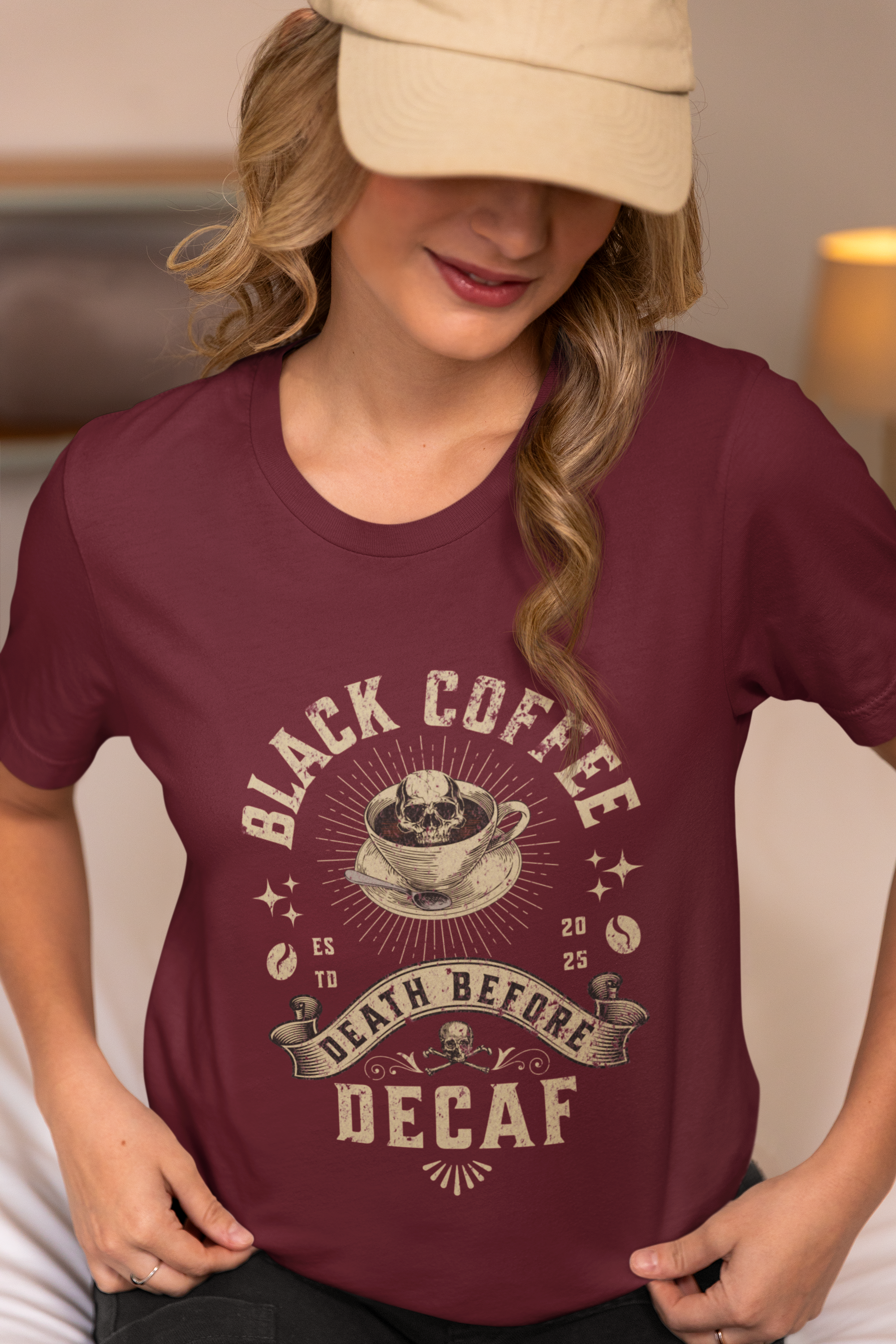 Coffee T-Shirt — "Black Coffee or Death Before Decaf" Retro Graphic Tee