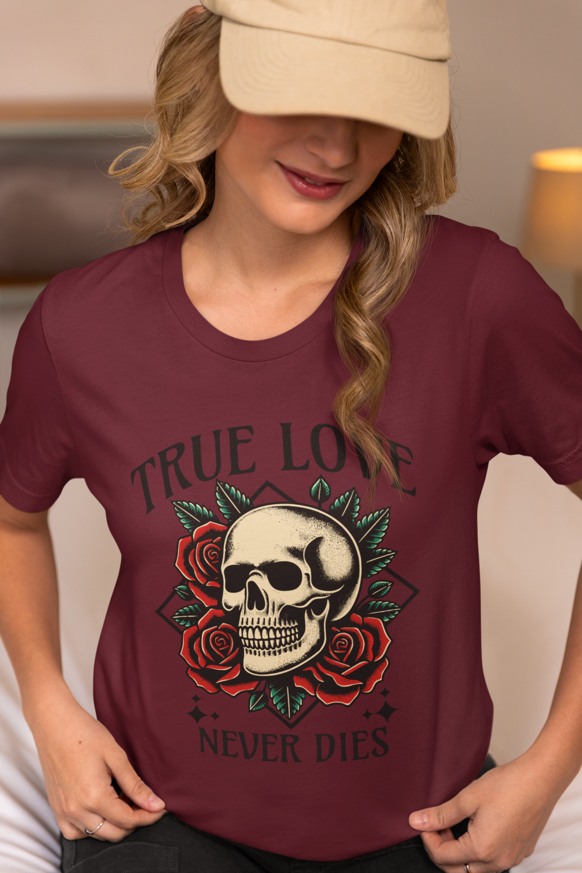 True Love Never Dies Skull Tee — Gothic Rose Graphic T-Shirt