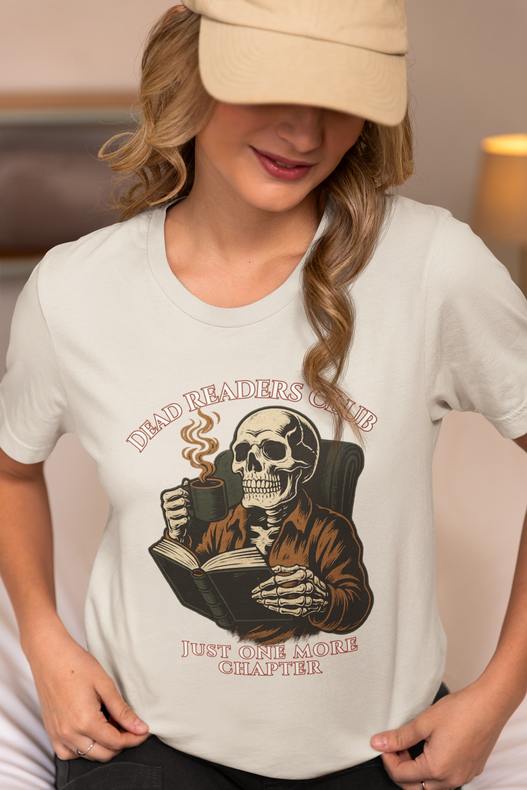 Dead Readers Club T-Shirt — 'Just One More Chapter' Skeleton Reading Tee