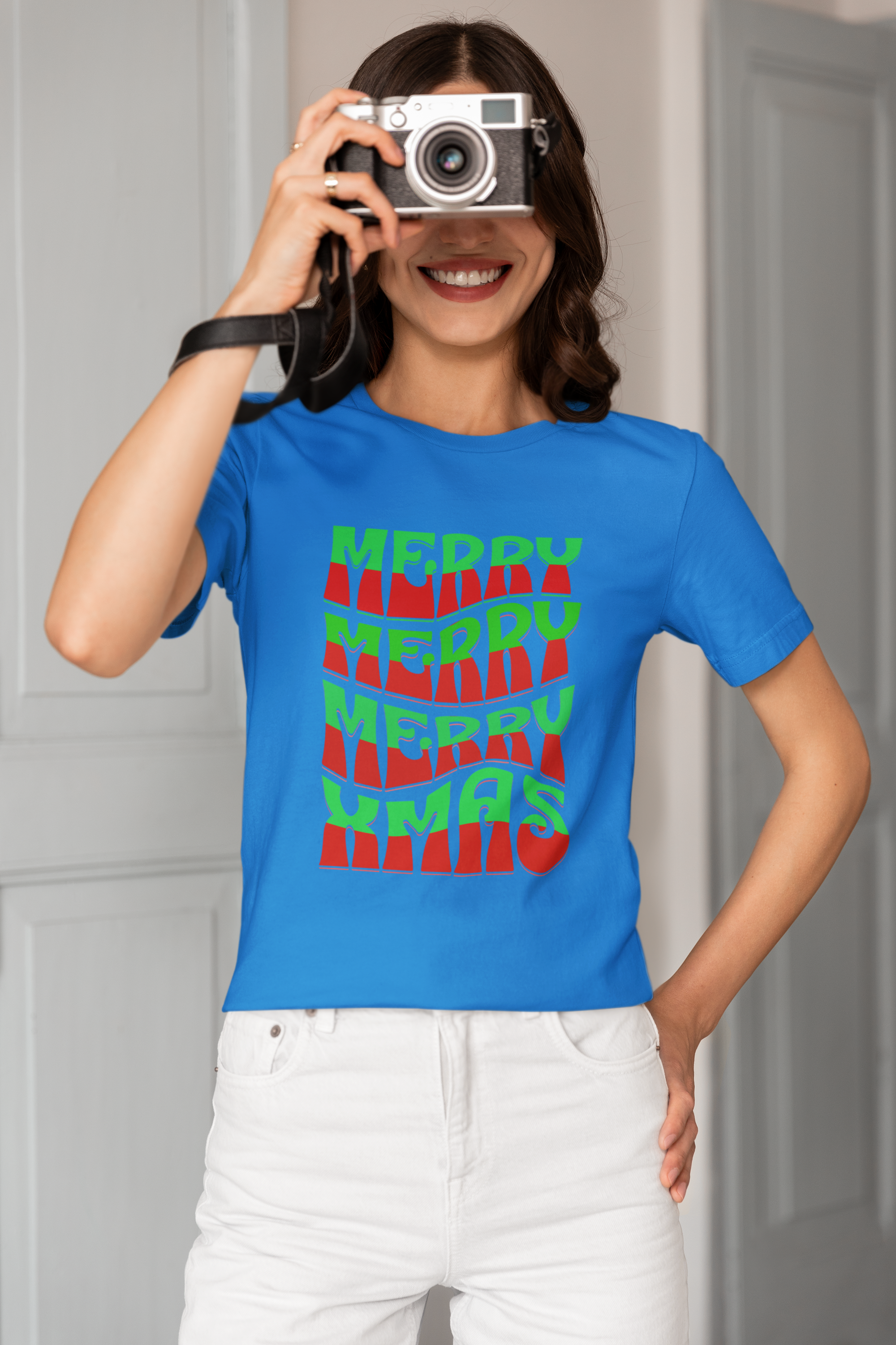 Merry Merry Merry Xmas T-Shirt — Retro Wavy Christmas Tee