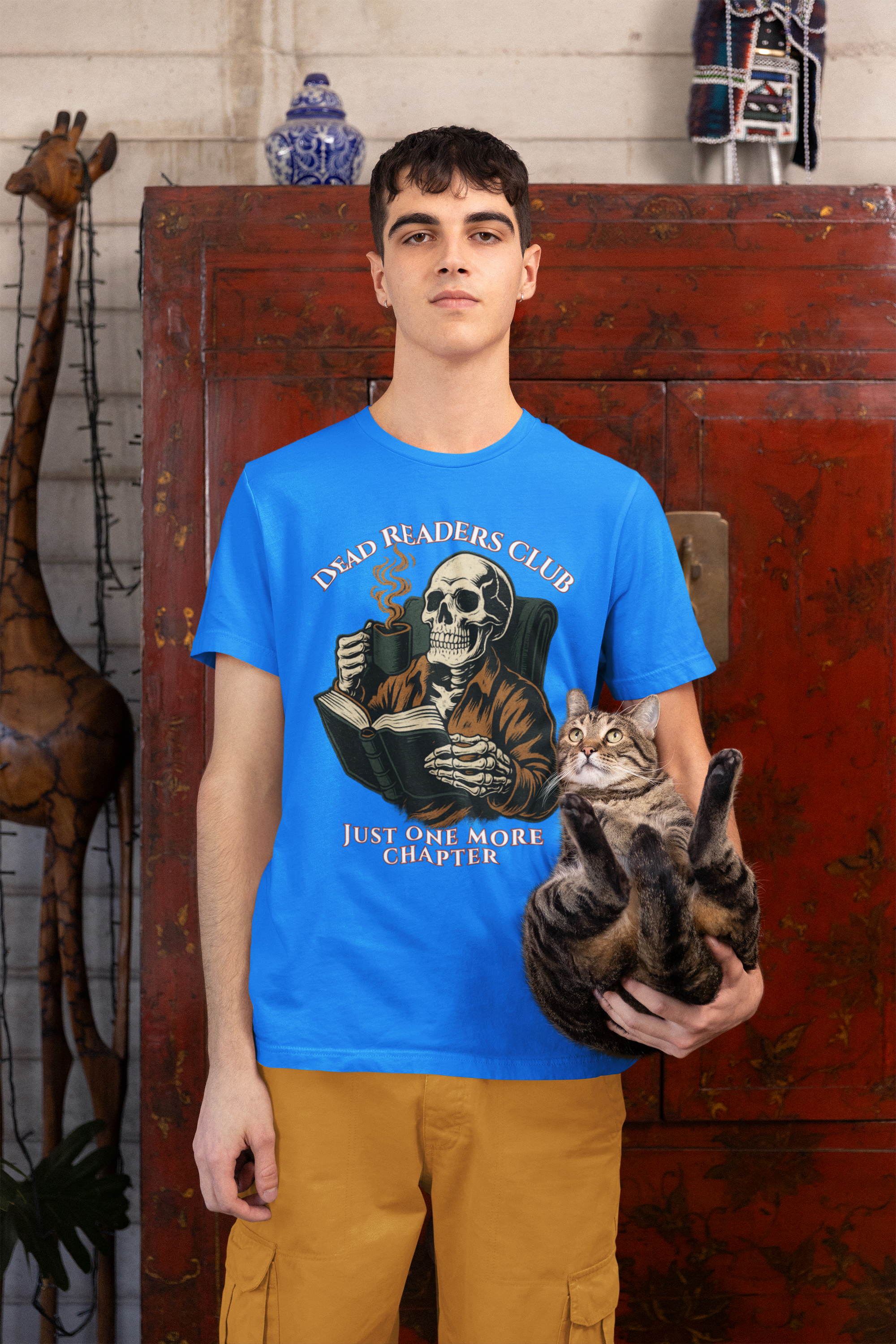 Dead Readers Club T-Shirt — 'Just One More Chapter' Skeleton Reading Tee