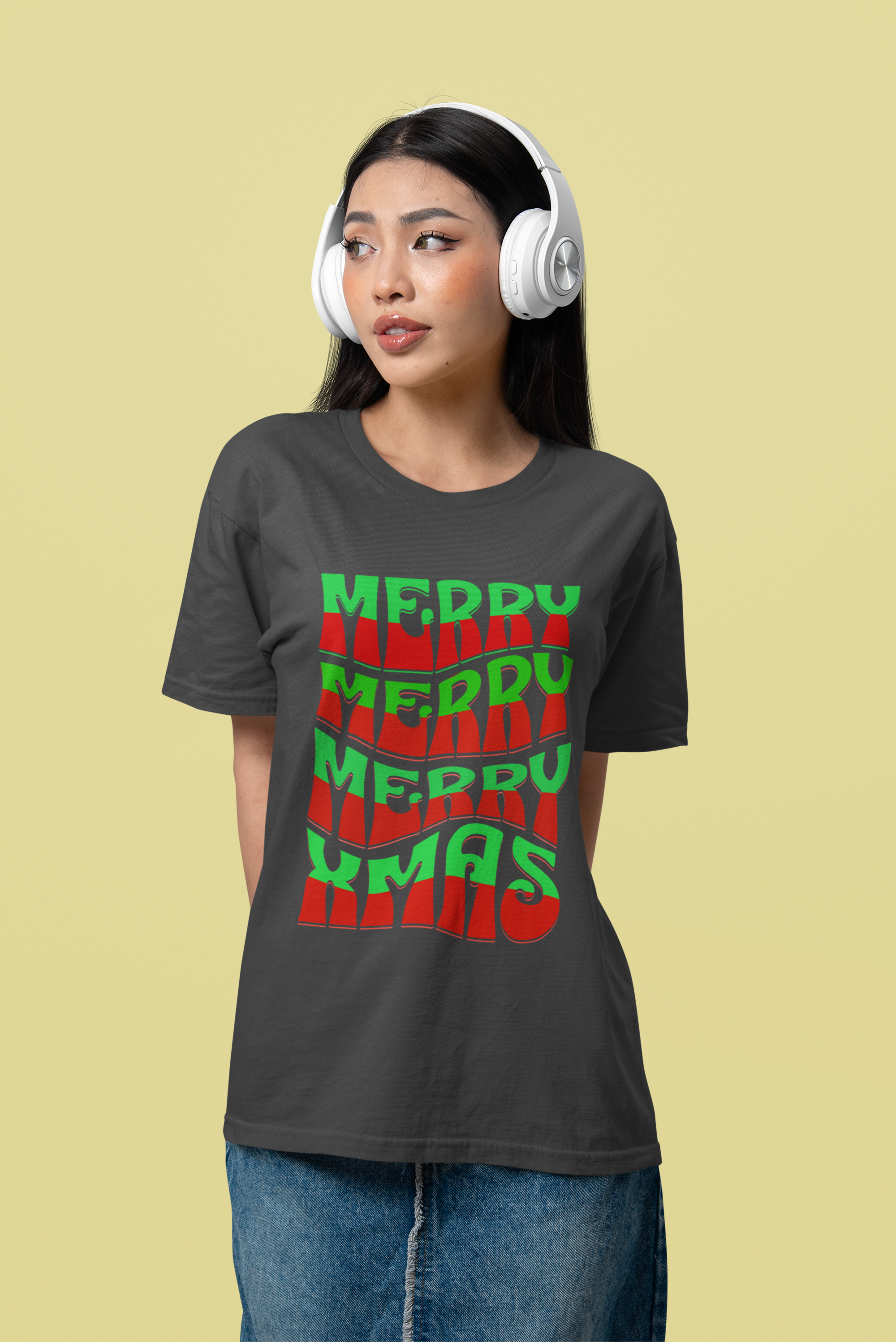 Merry Merry Merry Xmas T-Shirt — Retro Wavy Christmas Tee