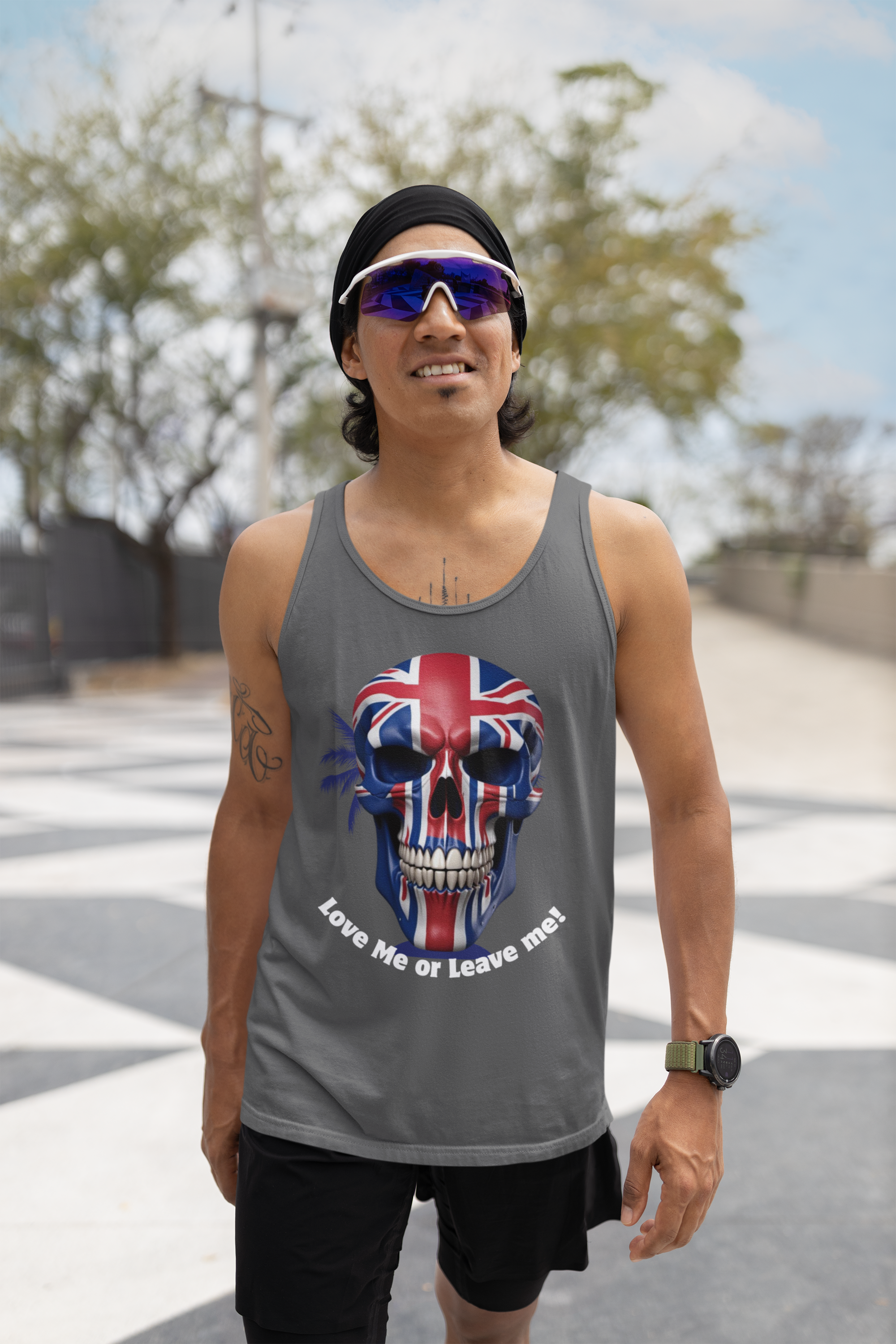 Union Jack Skull Unisex Jersey Tank - Love Me or Leave Me, Festival Top, Summer Wear, Music Event Shirt, Edgy Fashion