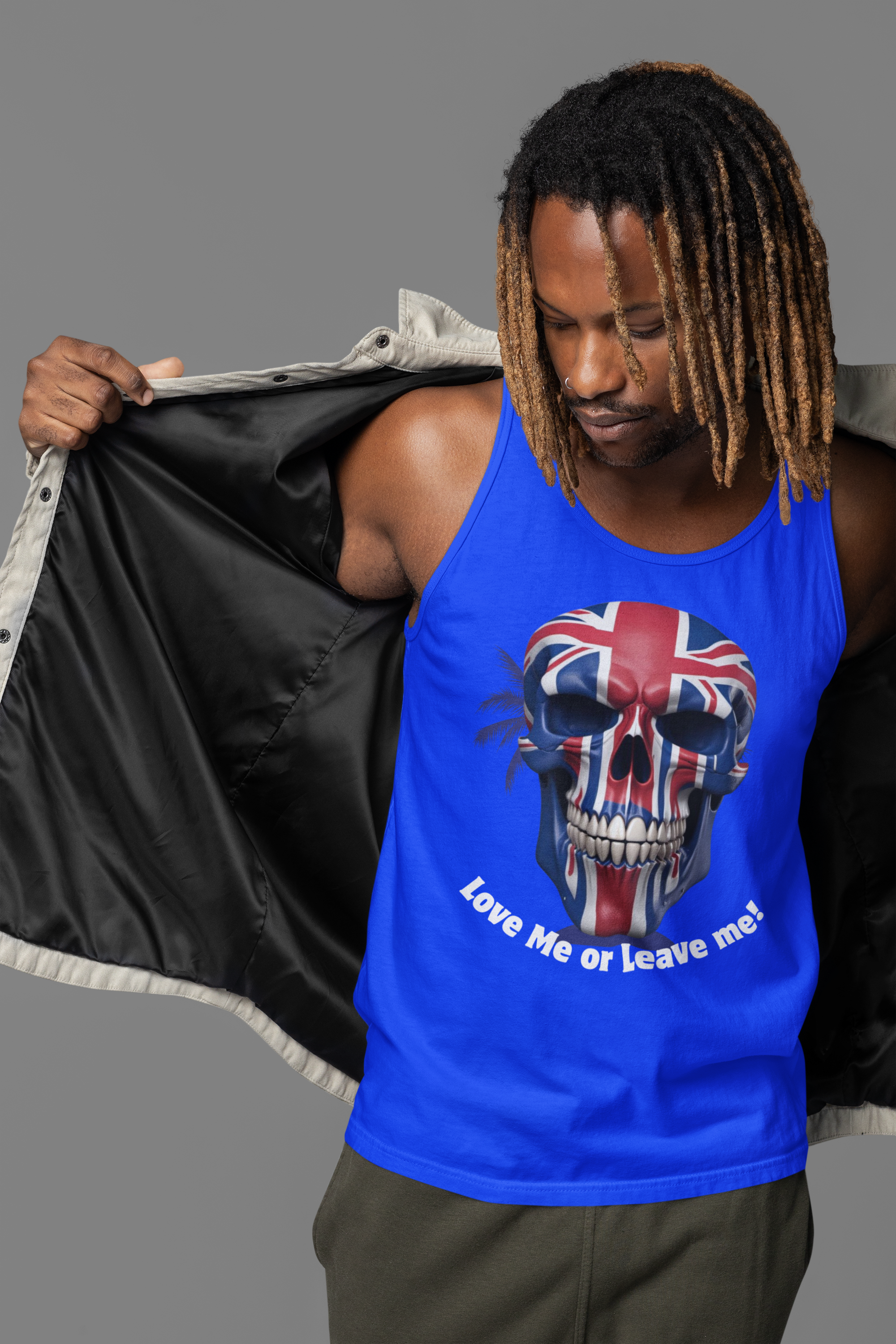Union Jack Skull Unisex Jersey Tank - Love Me or Leave Me, Festival Top, Summer Wear, Music Event Shirt, Edgy Fashion