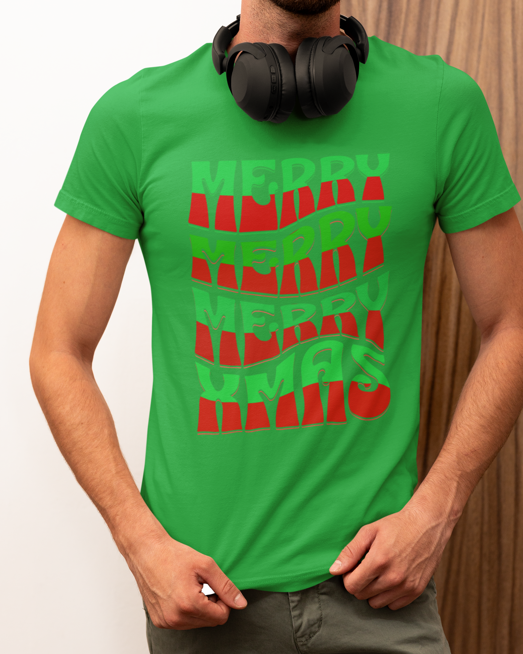 Merry Merry Merry Xmas T-Shirt — Retro Wavy Christmas Tee